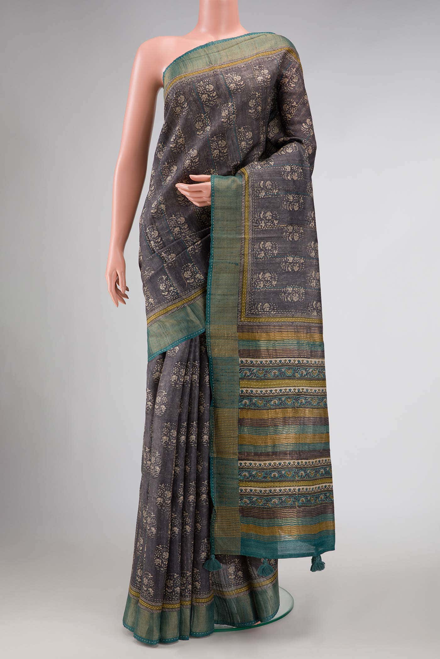 Grey Tussar Silk Saree