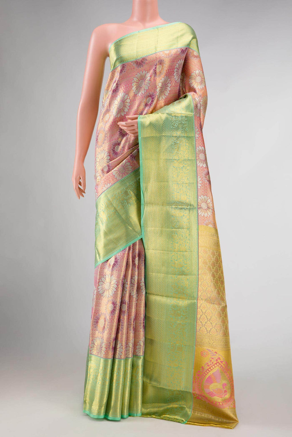 Peach Dual Tone Kanchipuram Tissue Silk Saree