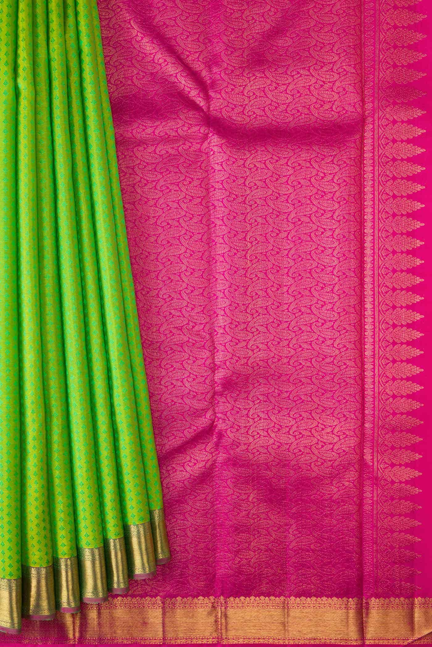 Pure Silk Pure Zari Parrot Green Dual Tone Kanchipuram Saree