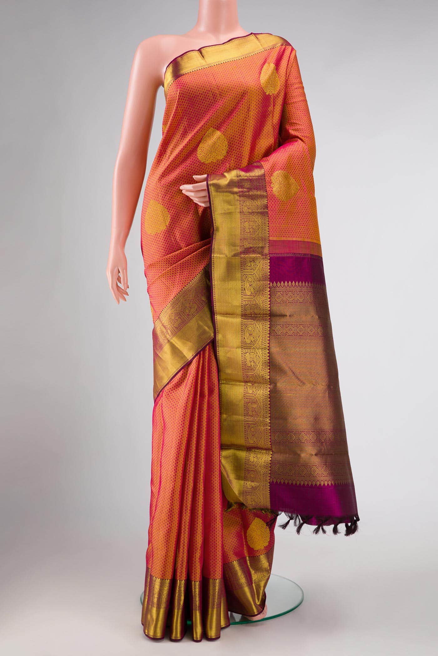 Golden Peach Dual Tone Kanchipuram Silk Saree
