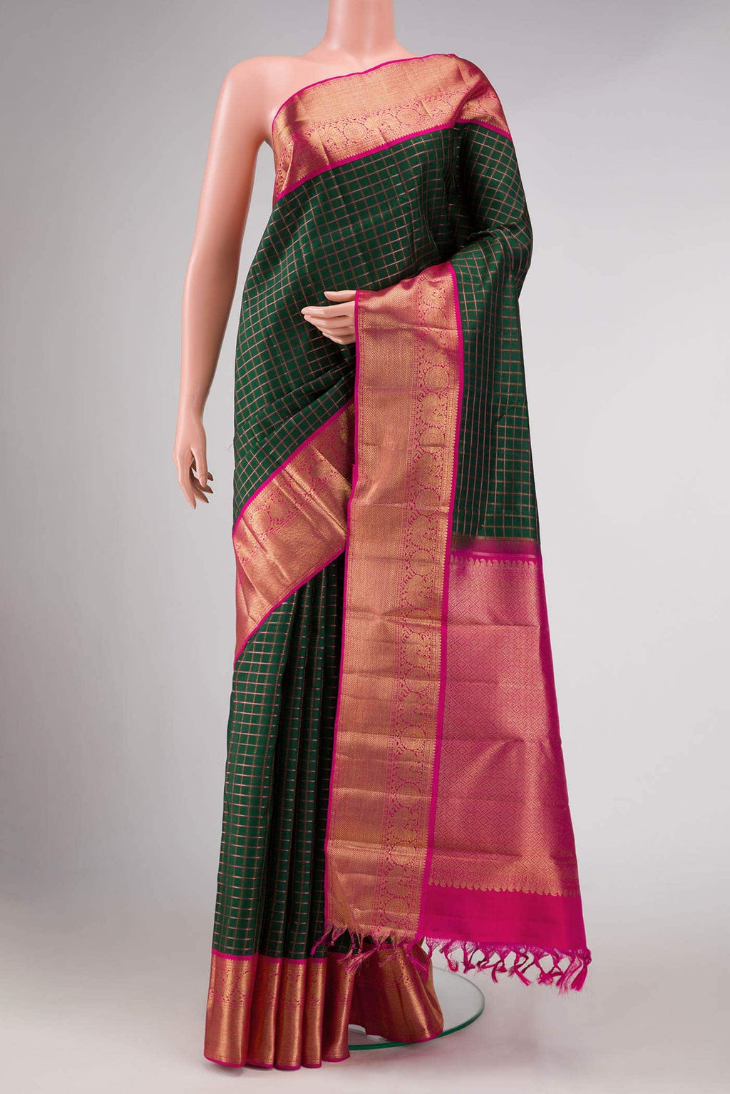 Pure Silk Pure Zari Bottle Green Kanchipuram Saree