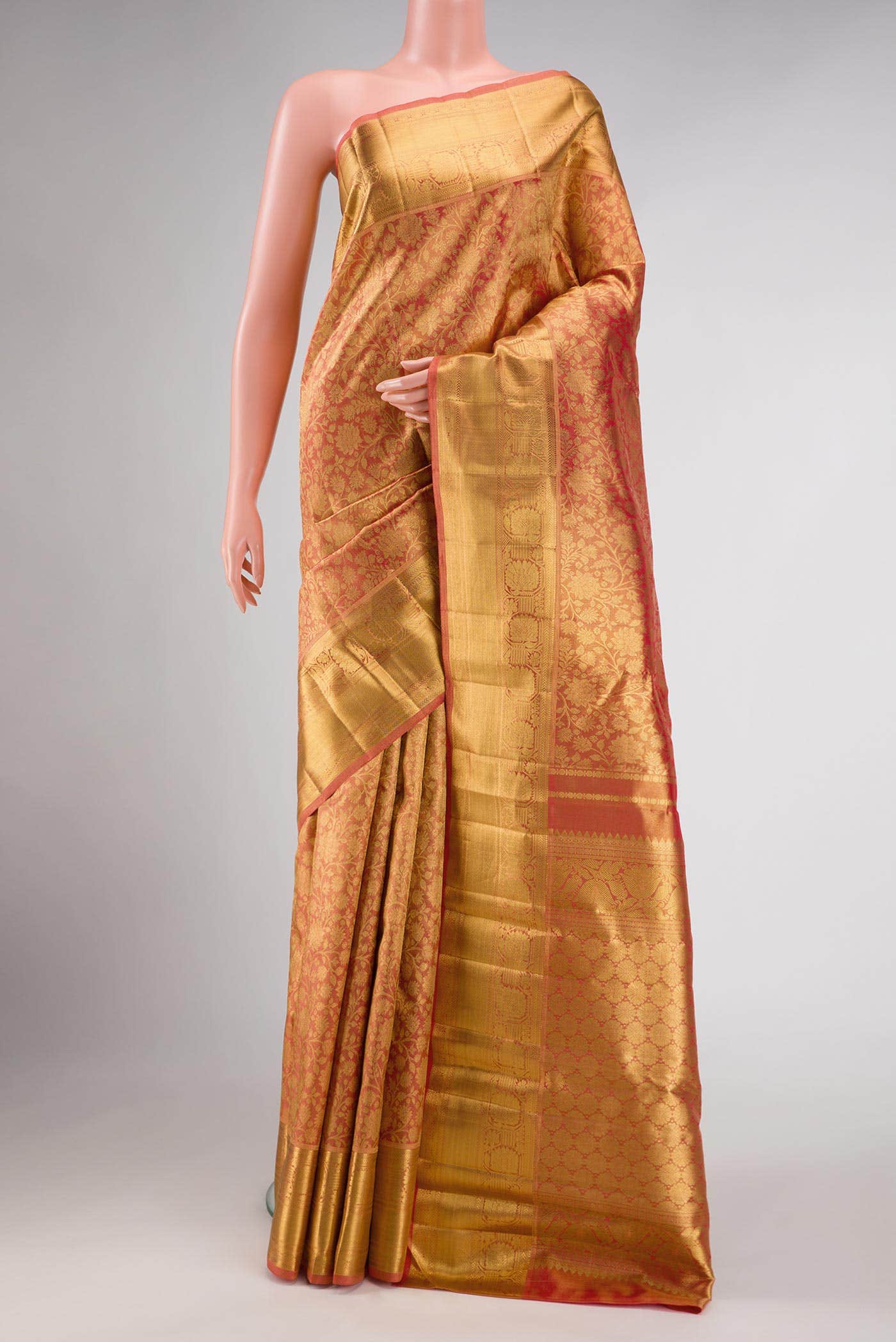 Pure Silk Pure Zari Red Dual Tone Kanchipuram Tissue Saree