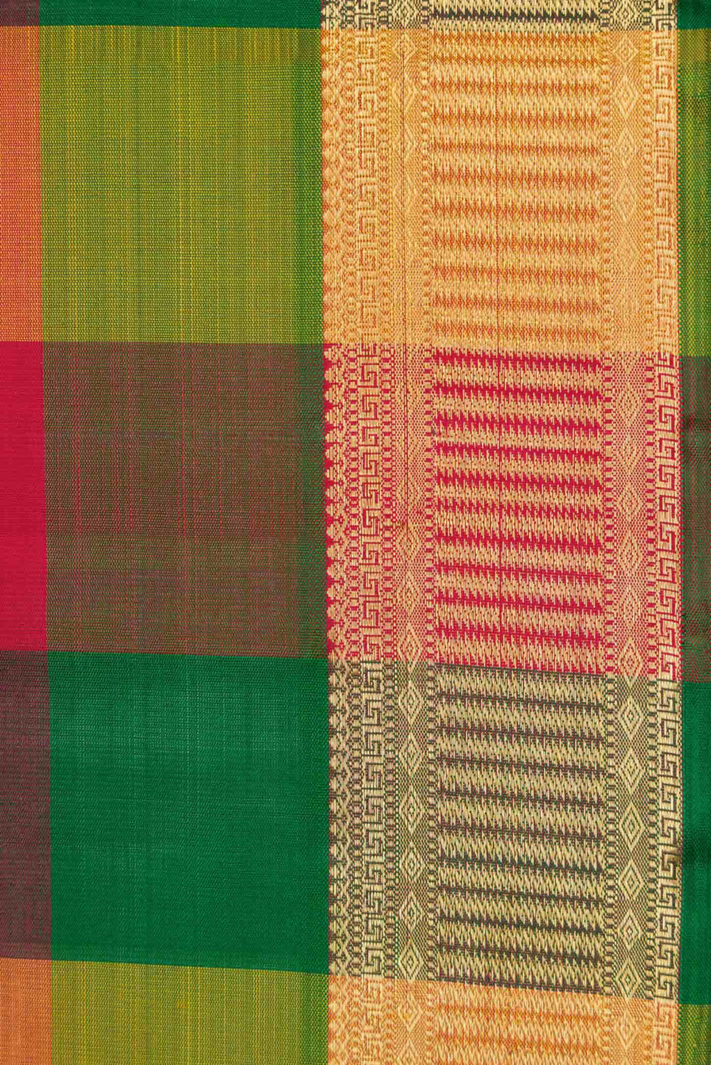 Pure Silk Pure Zari Mustard Green and Red Dual Tone Kanchipuram Saree