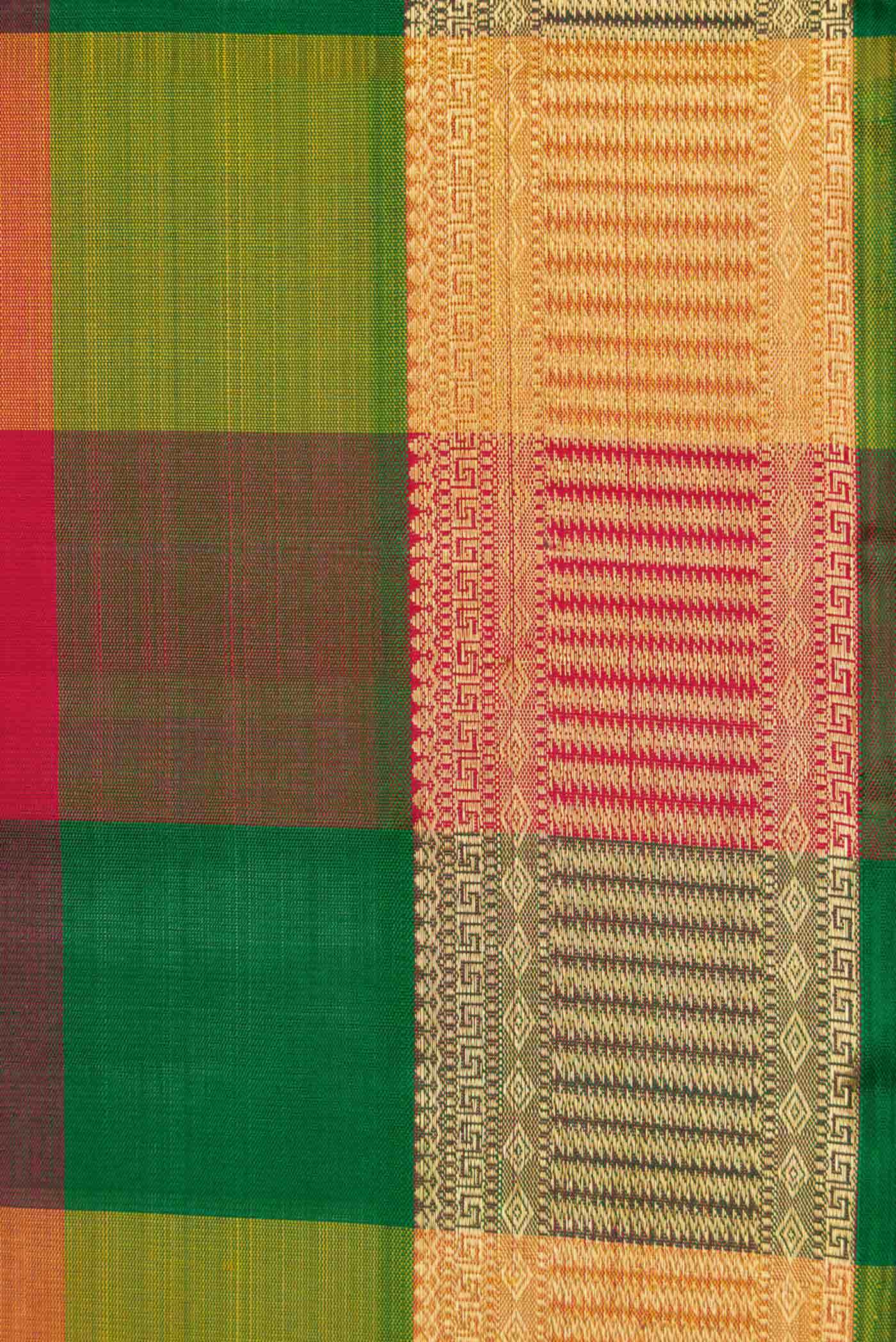 Pure Silk Pure Zari Mustard Green and Red Dual Tone Kanchipuram Saree