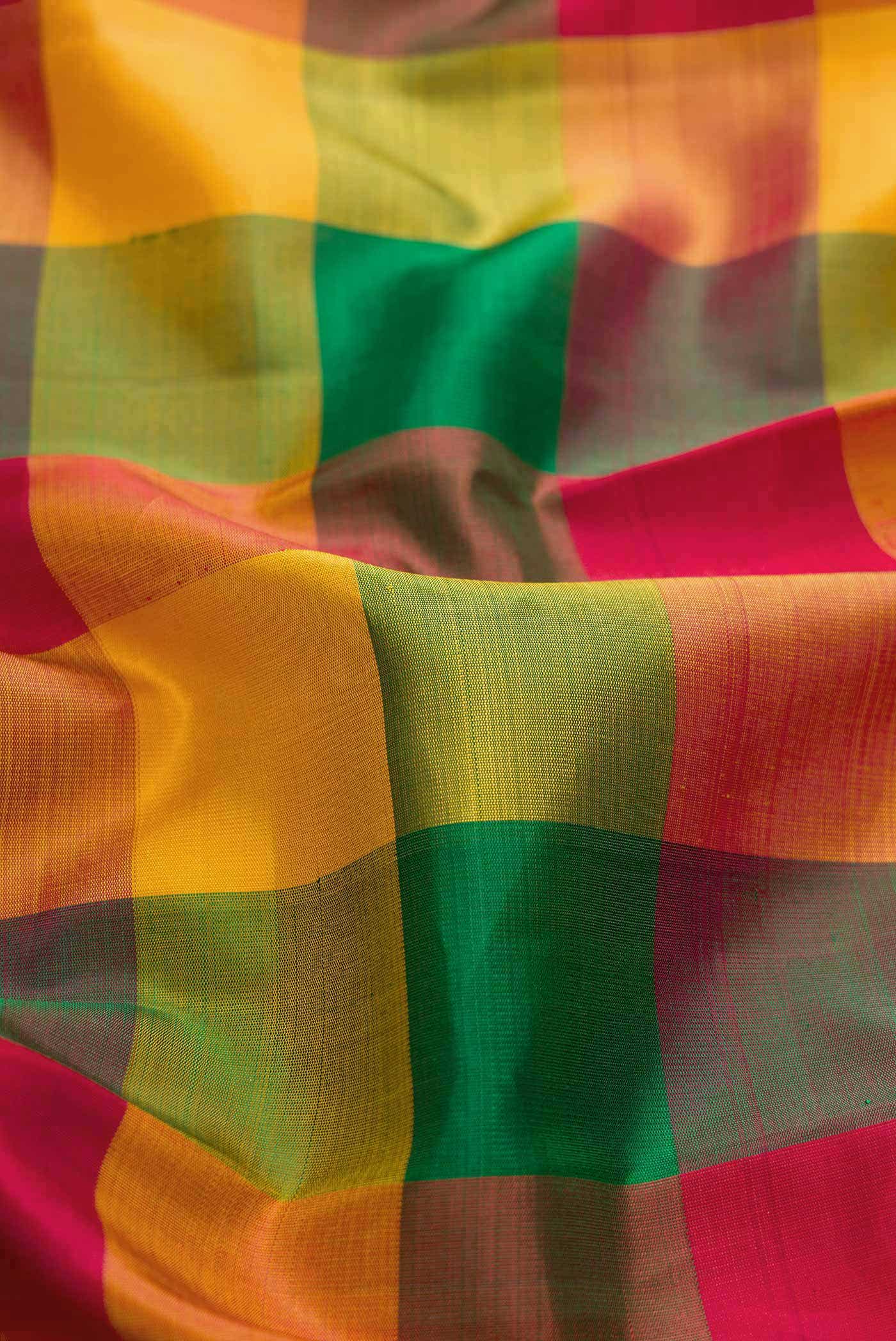 Pure Silk Pure Zari Mustard Green and Red Dual Tone Kanchipuram Saree
