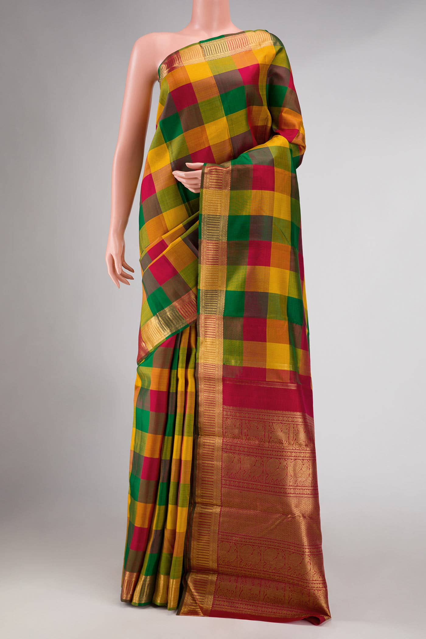 Pure Silk Pure Zari Mustard Green and Red Dual Tone Kanchipuram Saree