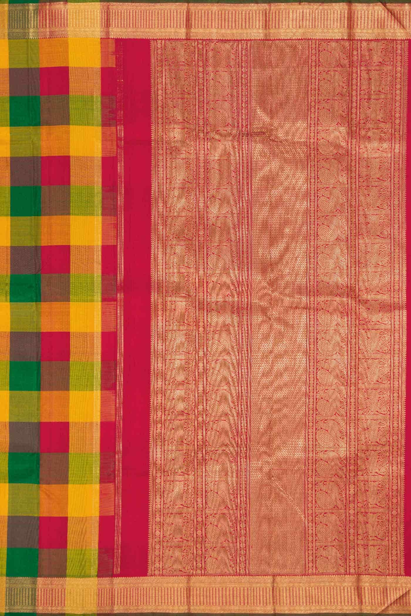 Pure Silk Pure Zari Mustard Green and Red Dual Tone Kanchipuram Saree