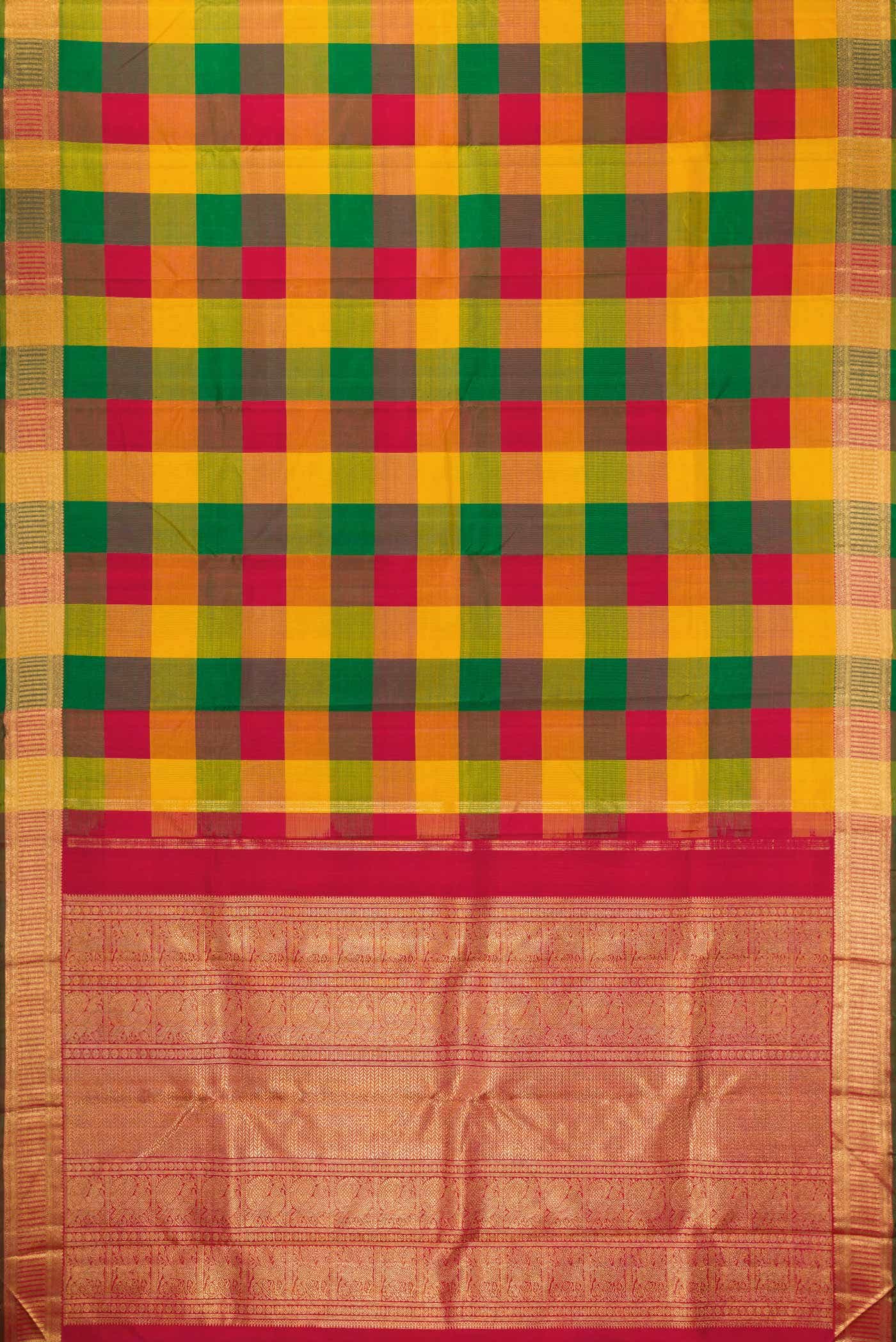 Pure Silk Pure Zari Mustard Green and Red Dual Tone Kanchipuram Saree