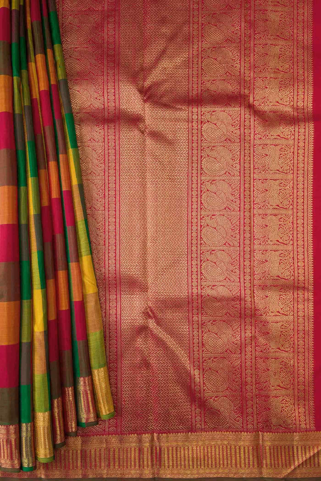 Pure Silk Pure Zari Mustard Green and Red Dual Tone Kanchipuram Saree