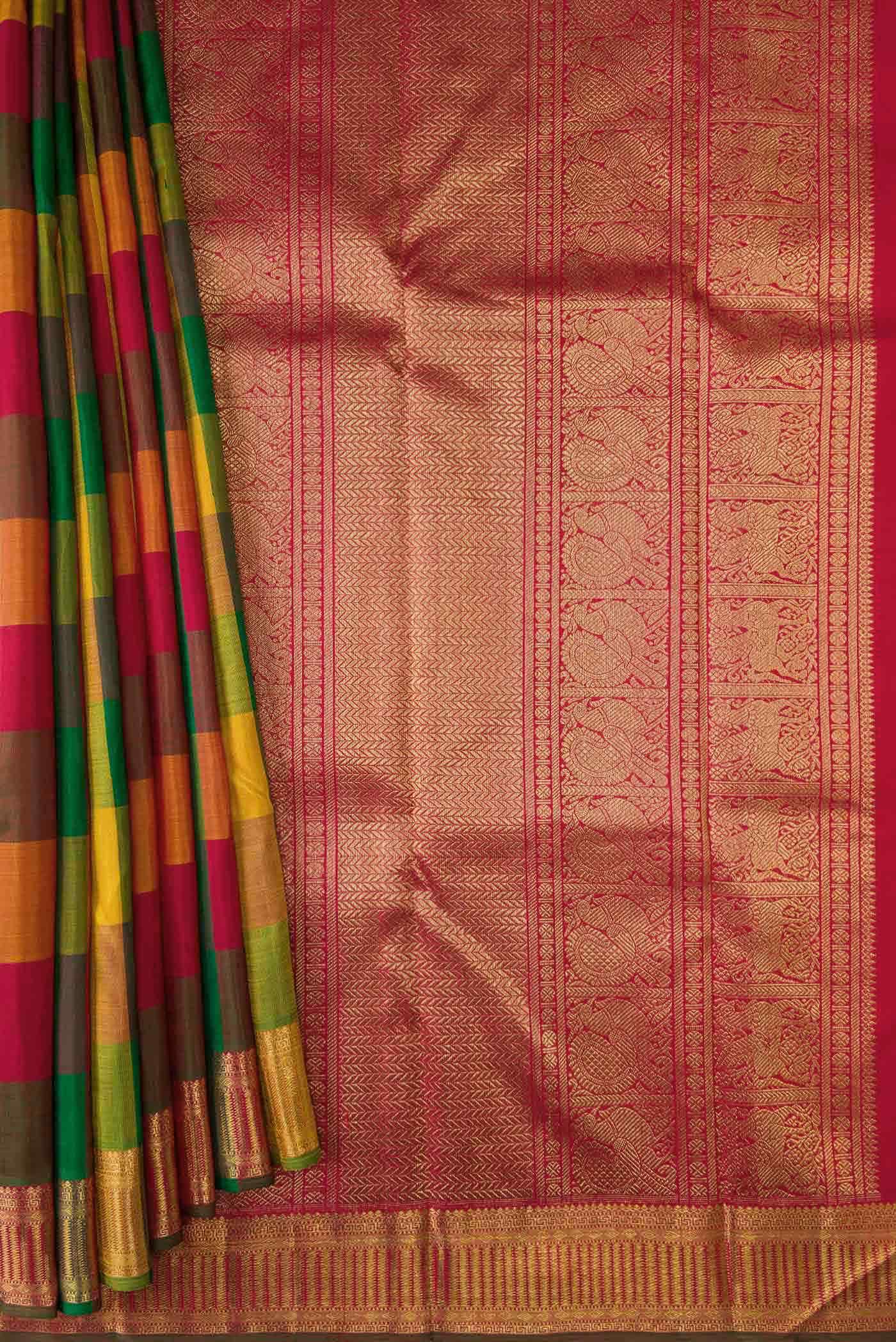 Pure Silk Pure Zari Mustard Green and Red Dual Tone Kanchipuram Saree