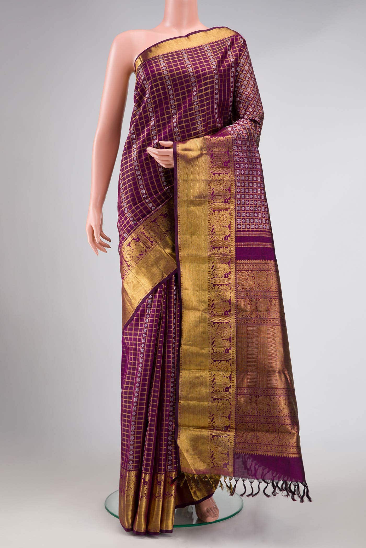 Pure Silk Pure Zari Purple Dual Tone Kanchipuram Saree