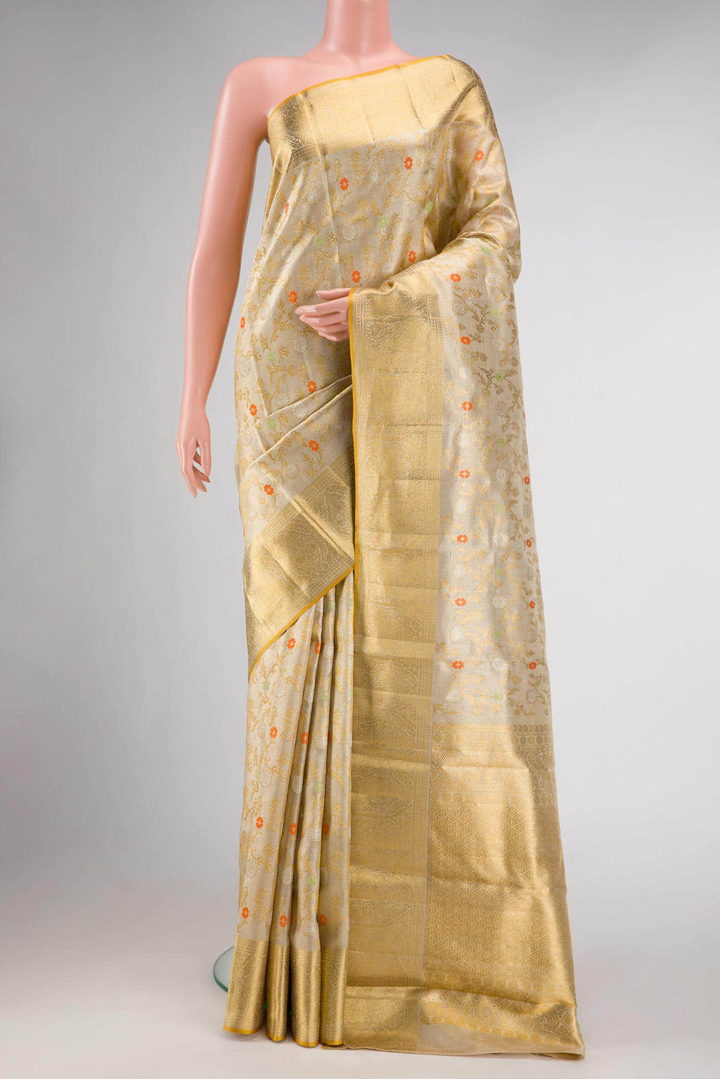 Pure Silk Pure Zari Beige Dual Tone Kanchipuram Tissue Saree