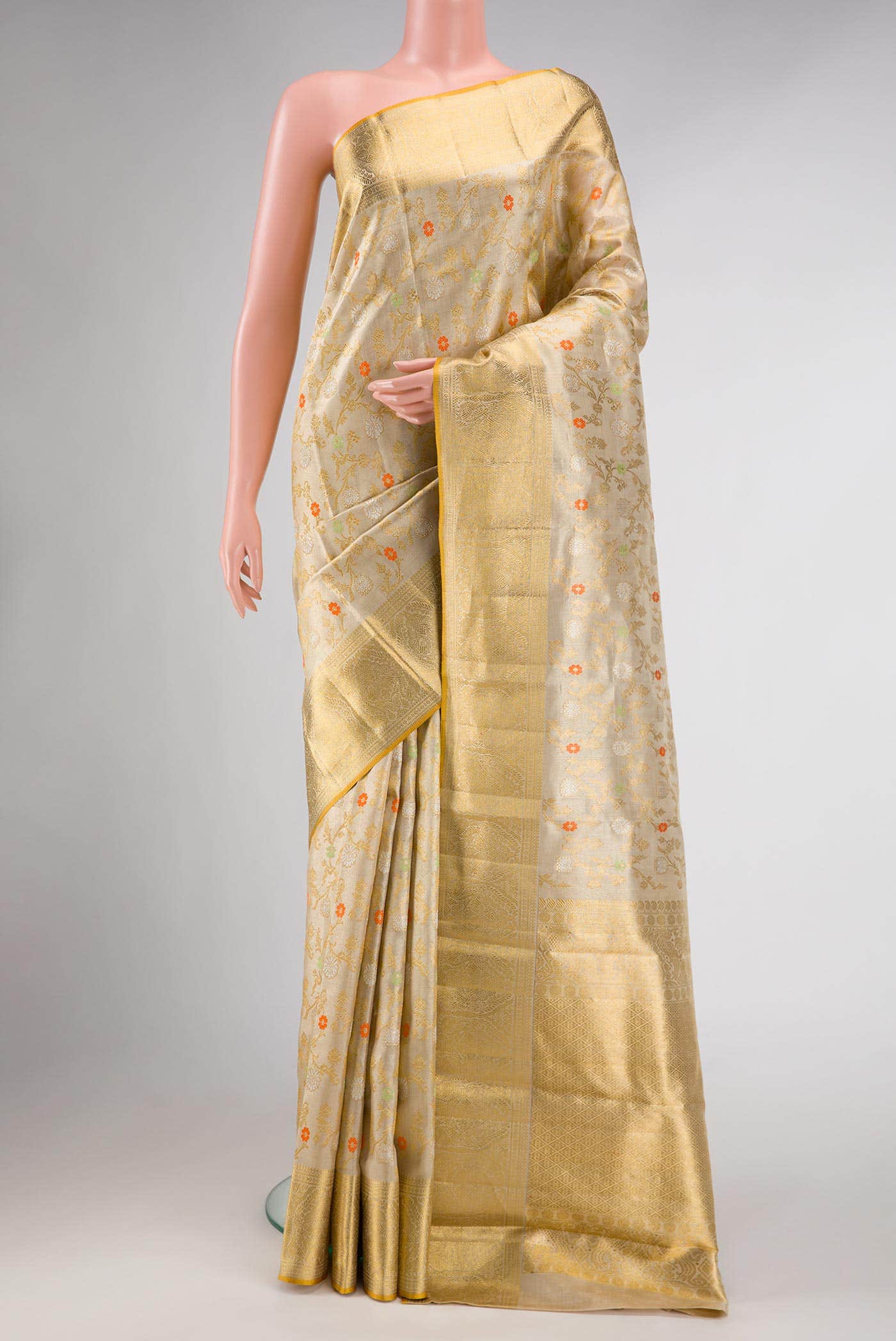 Pure Silk Pure Zari Beige Dual Tone Kanchipuram Tissue Saree