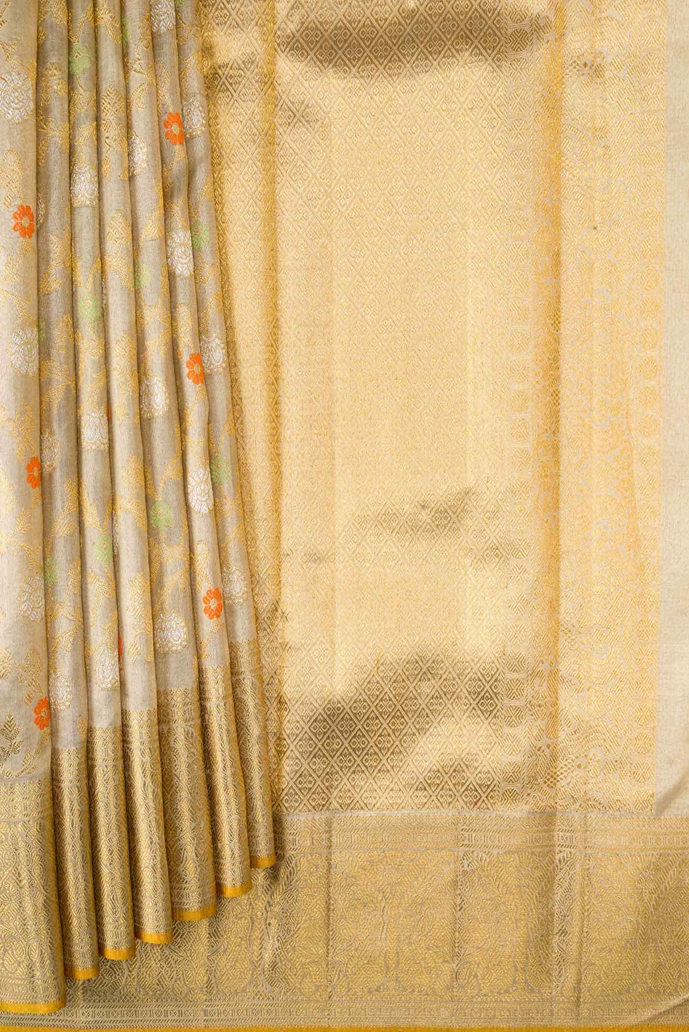 Pure Silk Pure Zari Beige Dual Tone Kanchipuram Tissue Saree