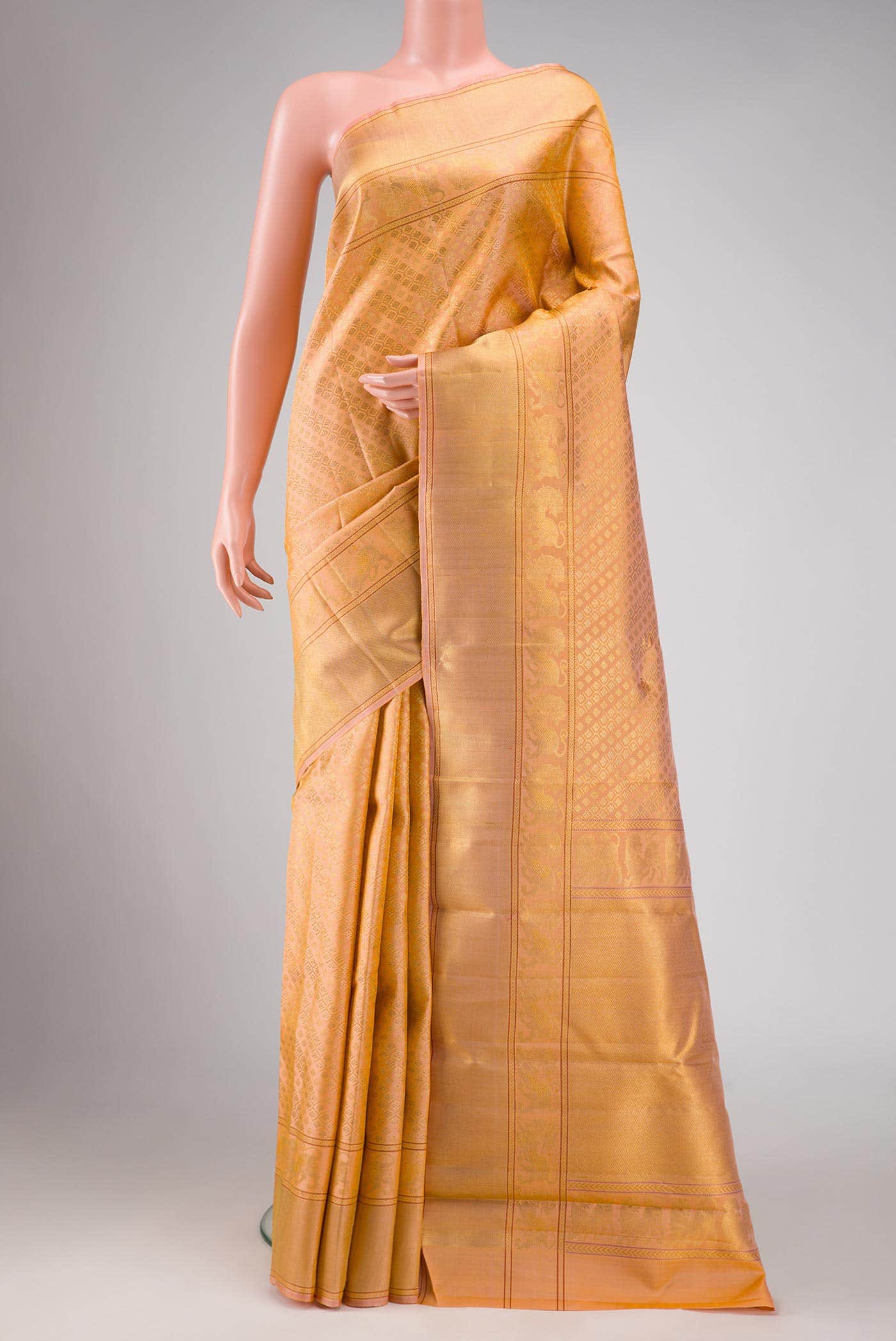 Pure Silk Pure Zari Golden Peach Kanchipuram Saree