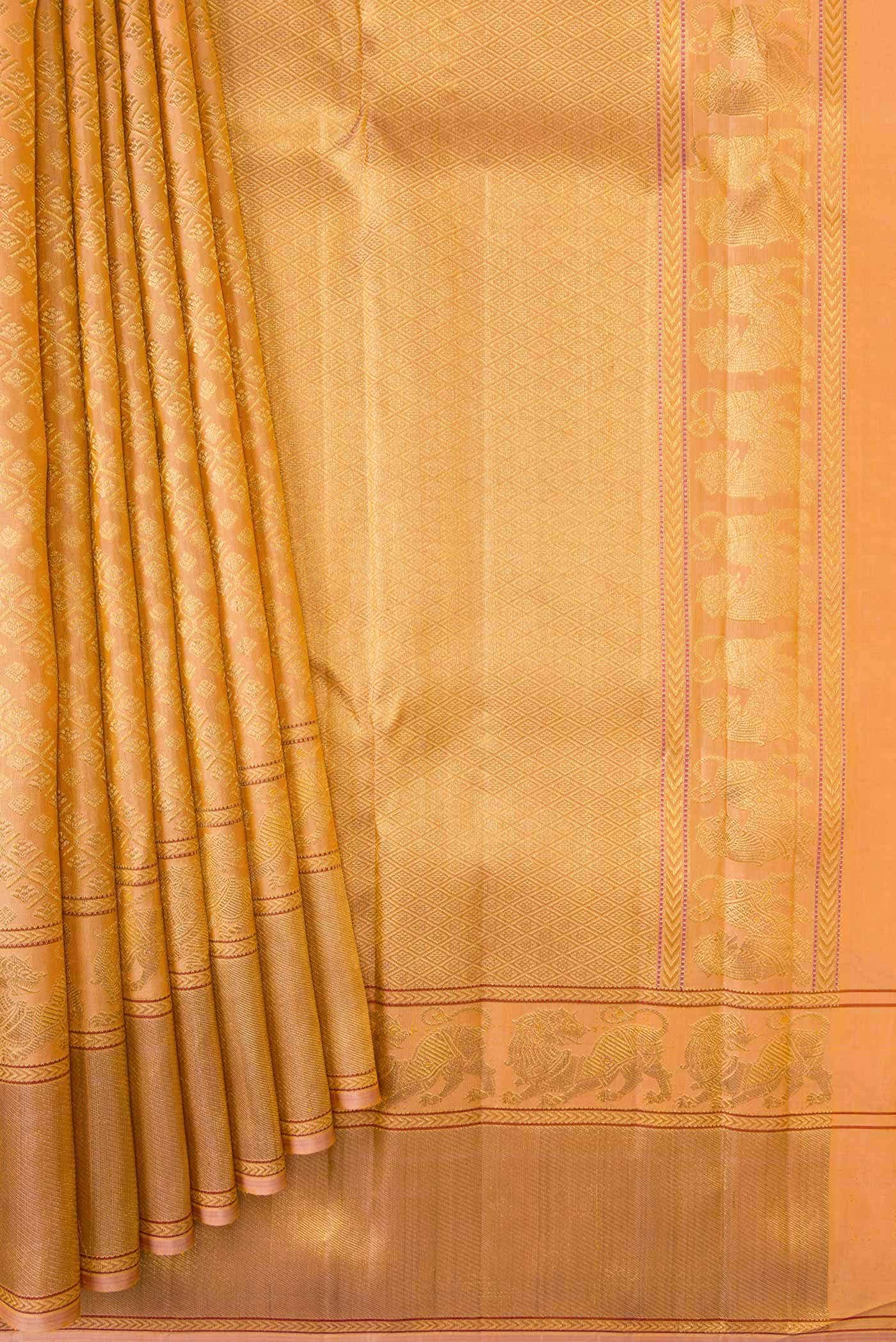 Pure Silk Pure Zari Golden Peach Kanchipuram Saree