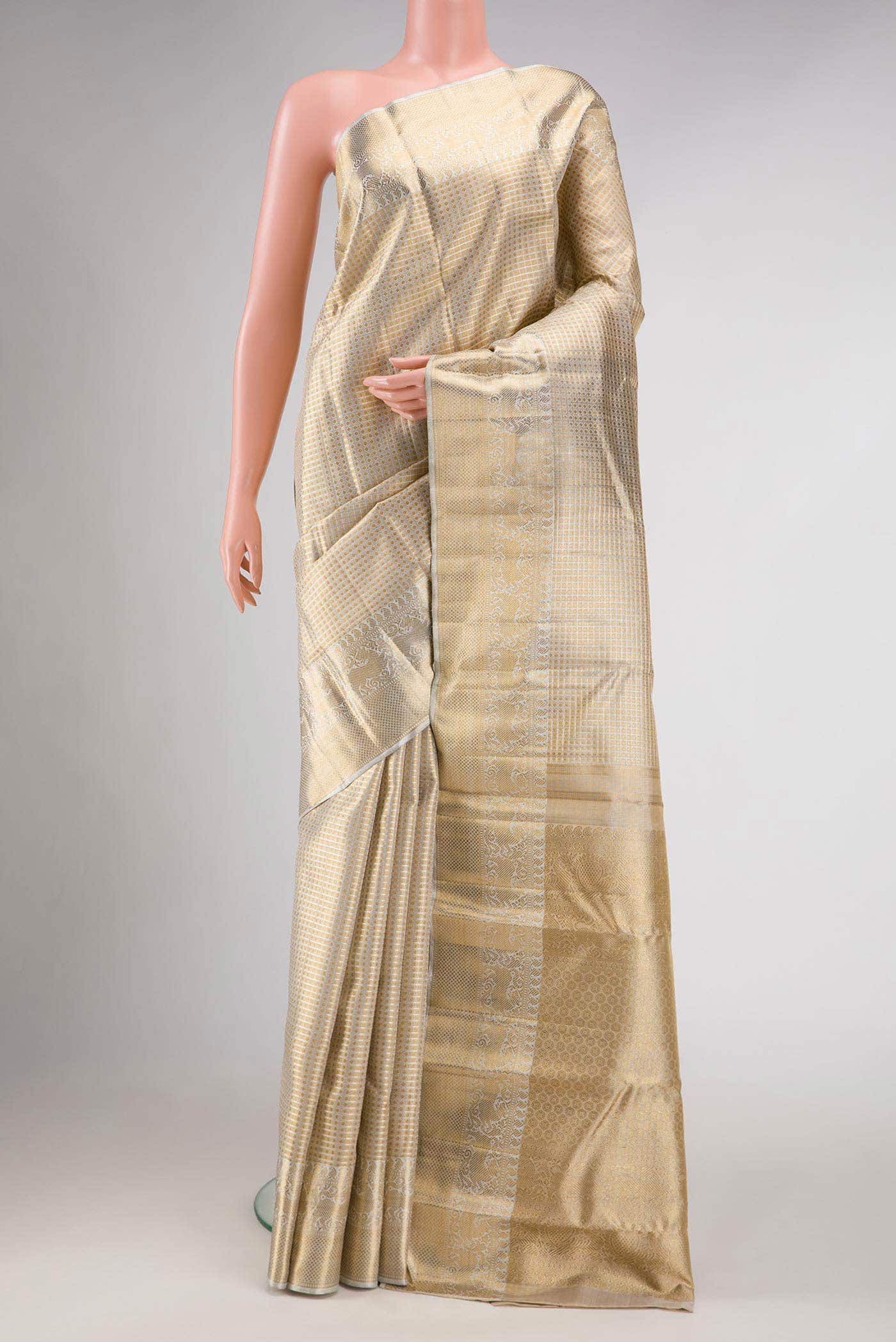 Pure Silk Pure Zari Beige Dual Tone Kanchipuram Tissue Saree