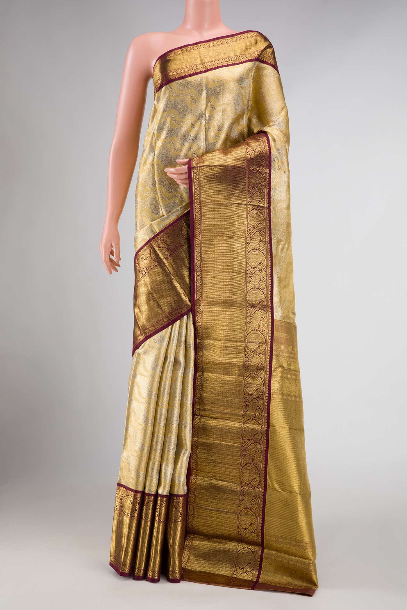 Pure Silk Pure Zari Gold Dual Tone Kanchipuram Tissue Saree