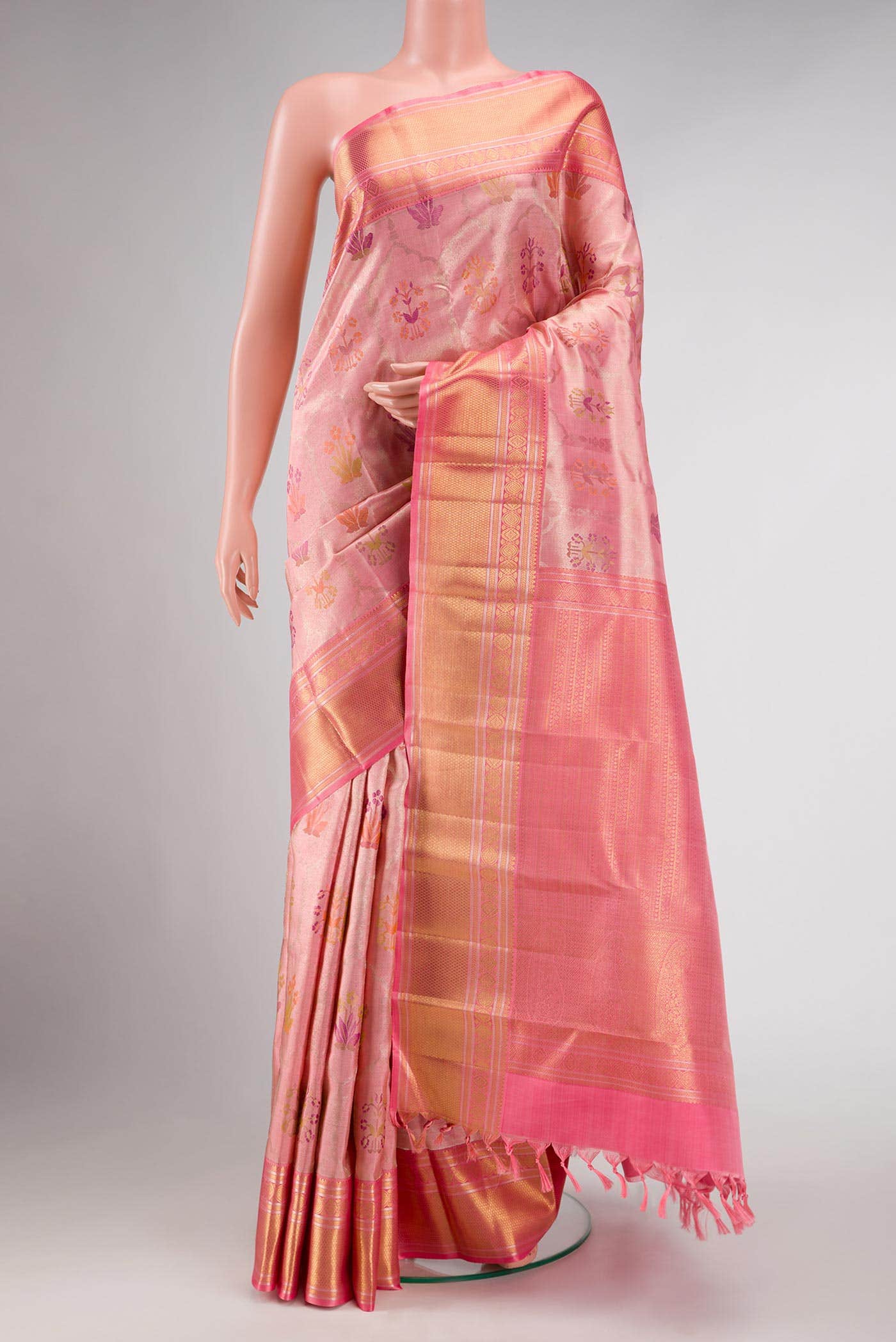 Pure Silk Pure Zari Pink Dual Tone Kanchipuram Tissue Saree