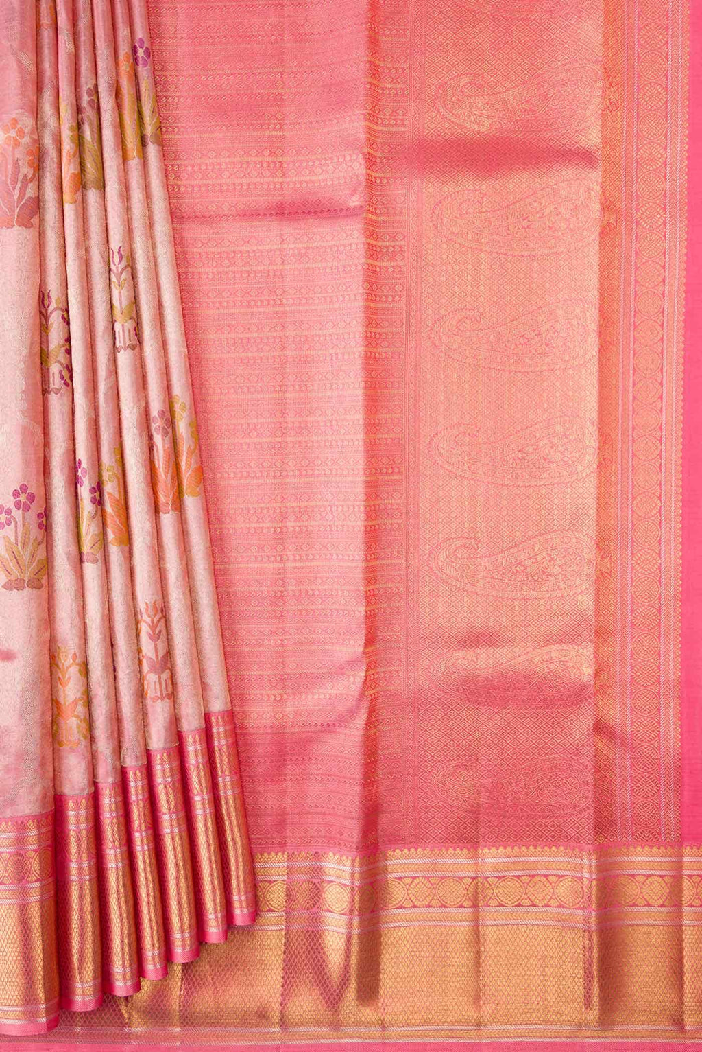 Pure Silk Pure Zari Pink Dual Tone Kanchipuram Tissue Saree