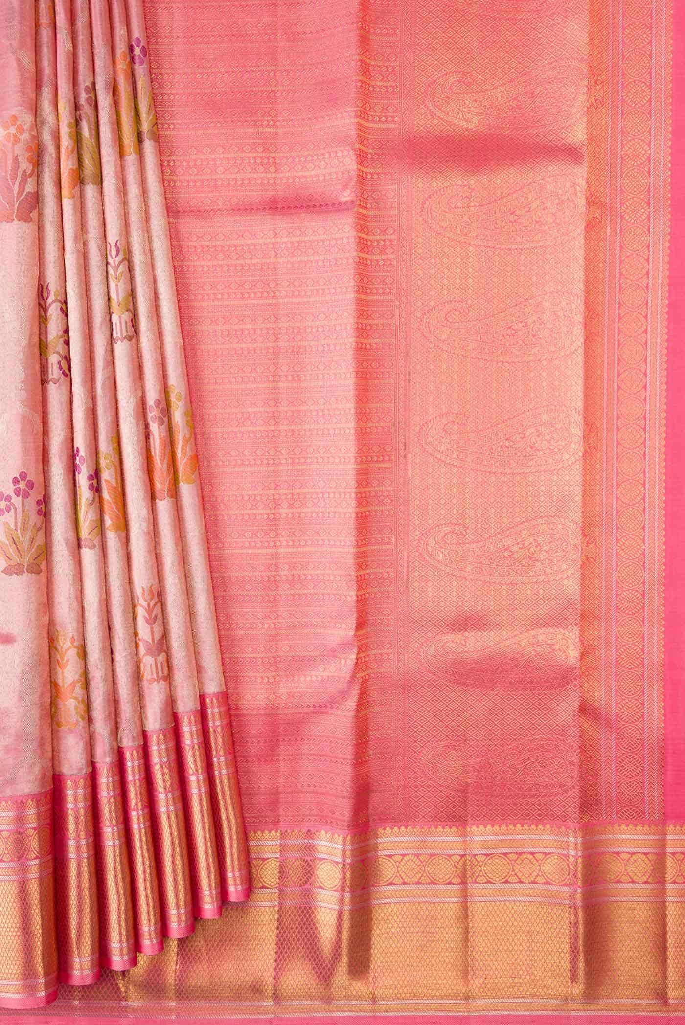 Pure Silk Pure Zari Pink Dual Tone Kanchipuram Tissue Saree