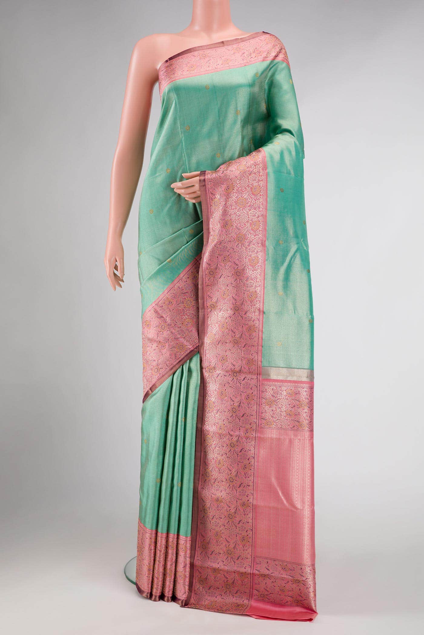 Pure Silk Pure Zari Sea Green Dual Tone Kanchipuram Tissue Saree