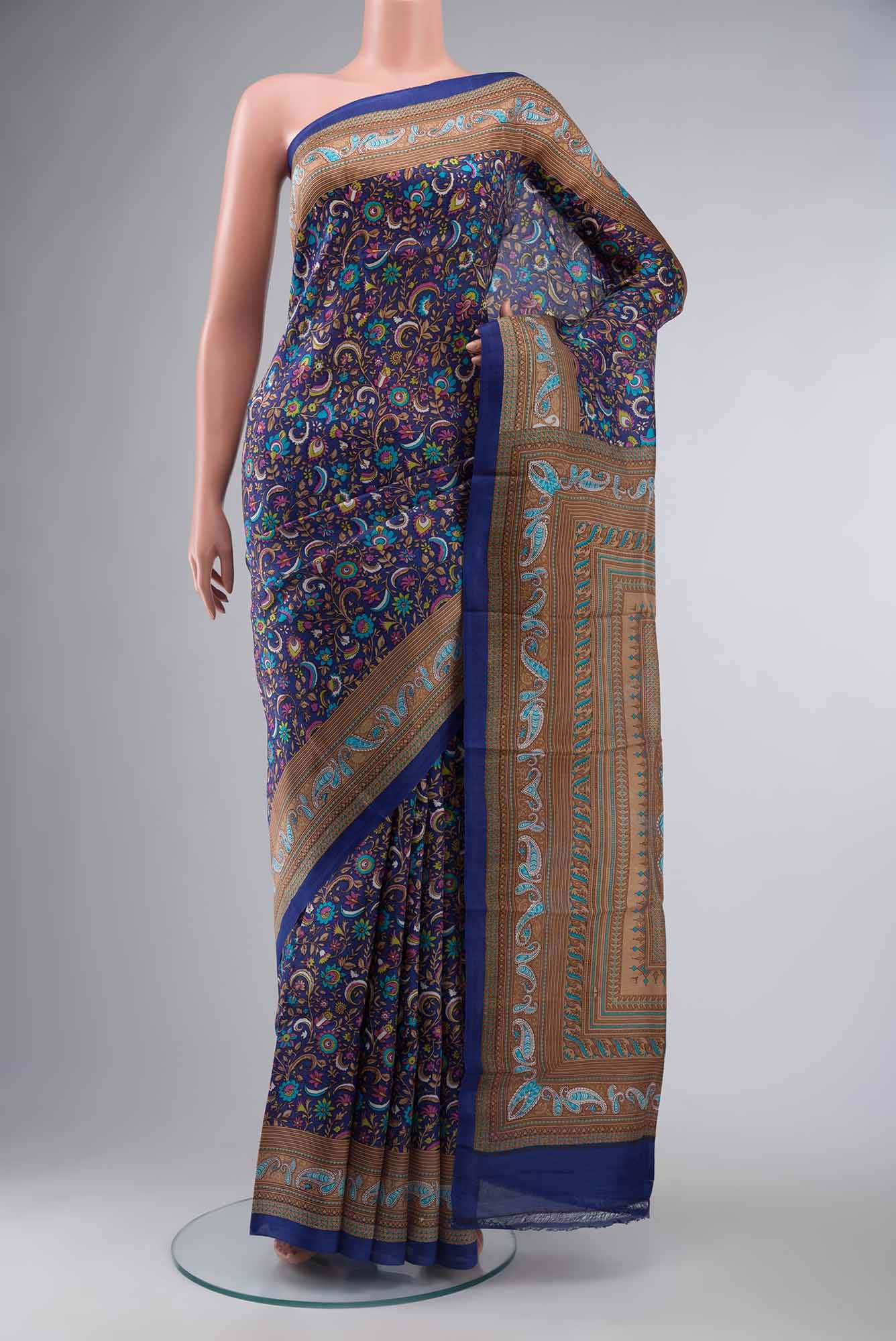 Blue Printed Silk Saree