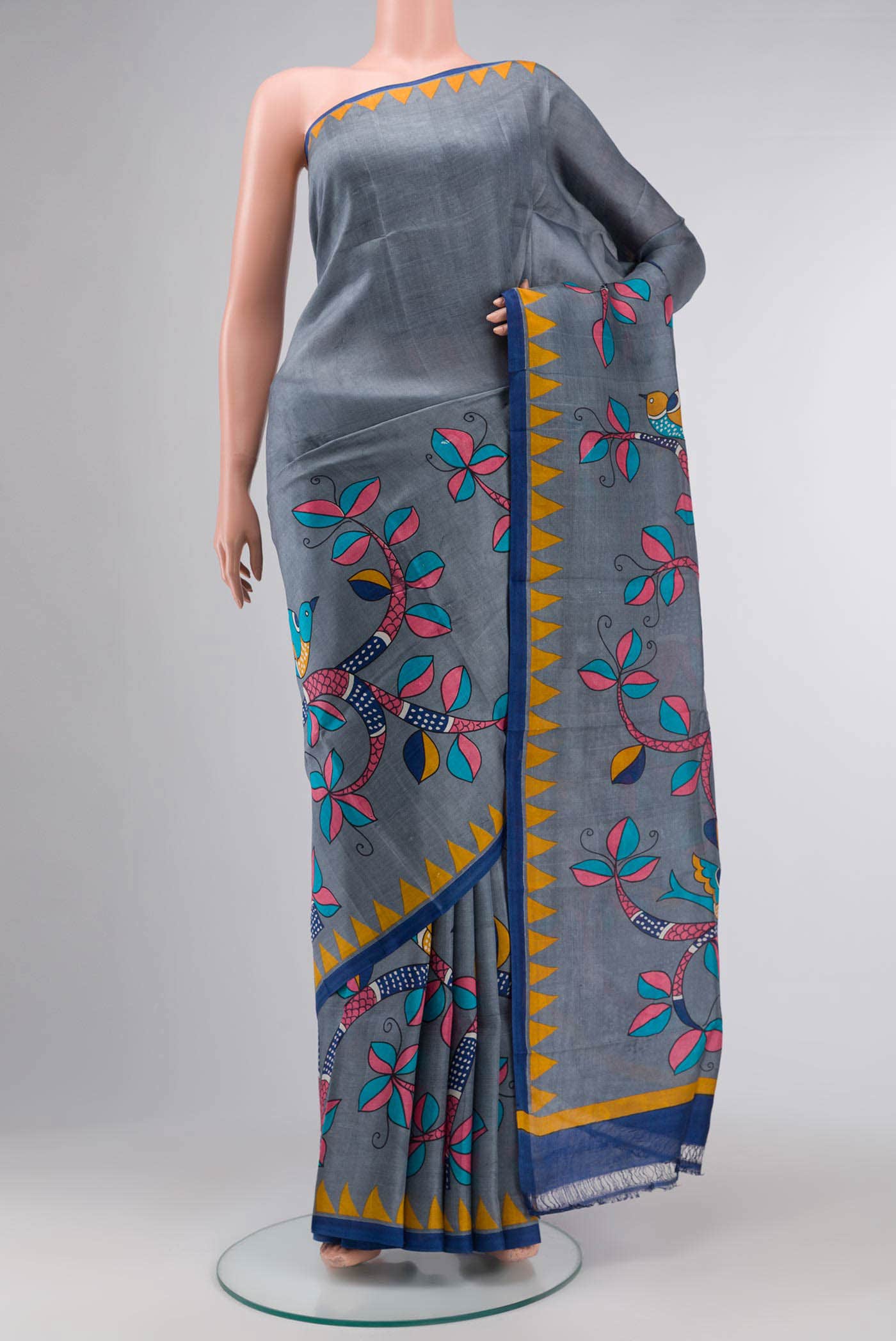 Grey Printed Silk Saree