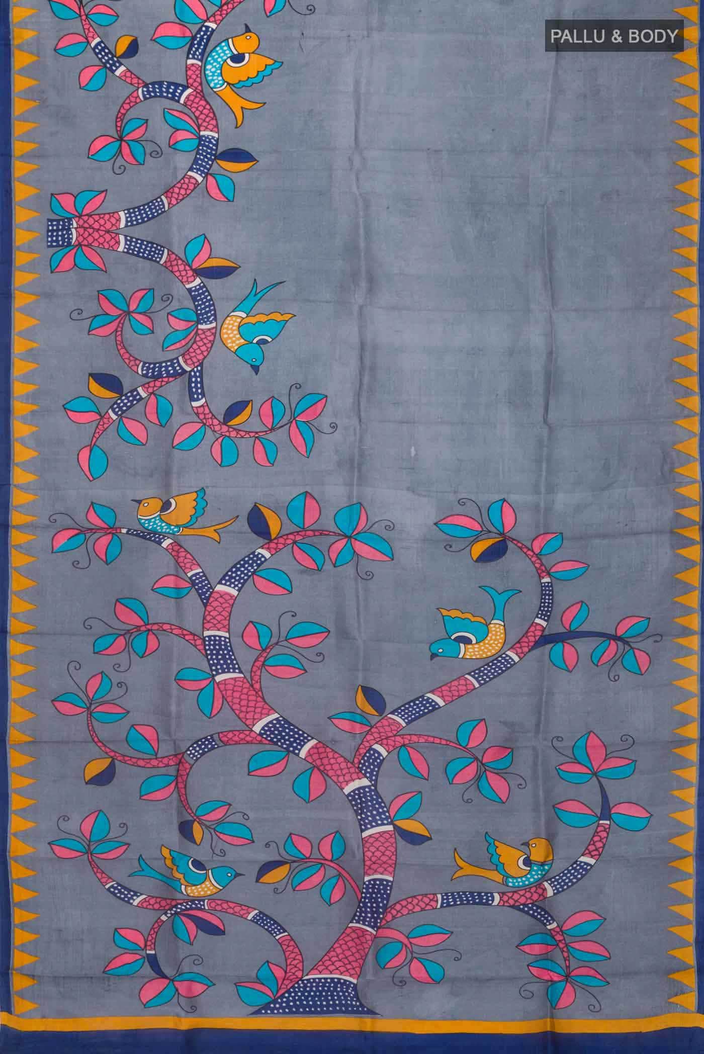 Grey Printed Silk Saree