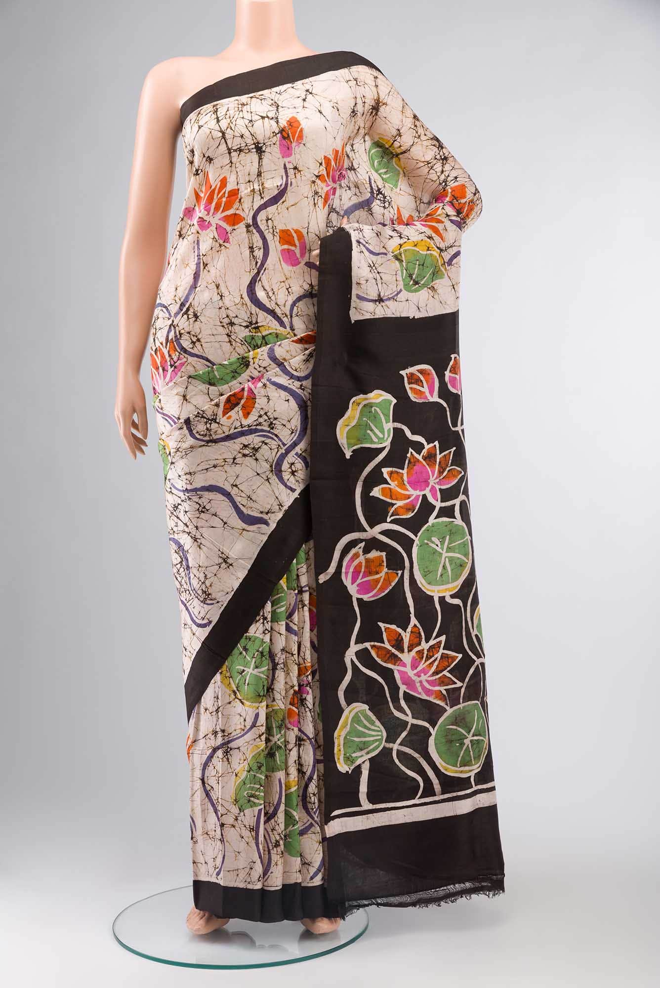 Cream Printed Silk Saree