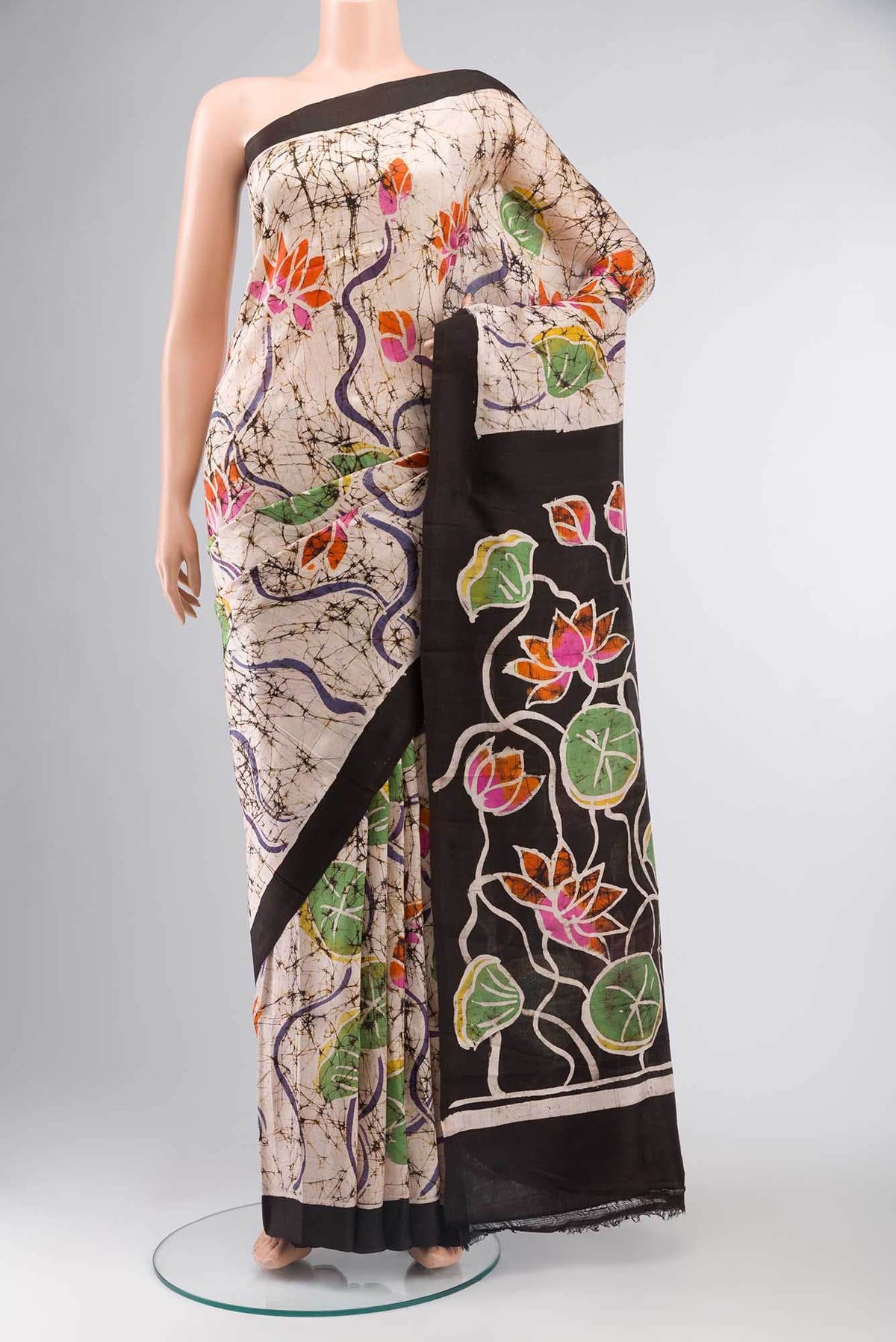 Cream Printed Silk Saree