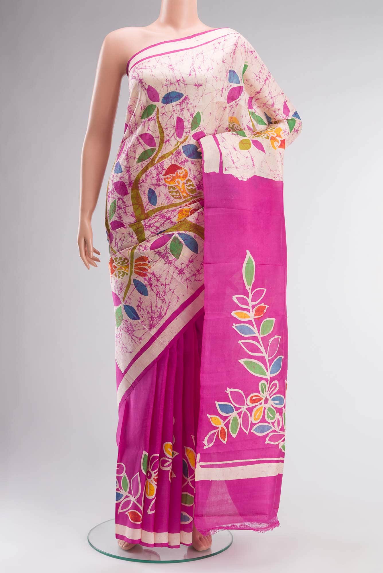 Cream Printed Silk Saree