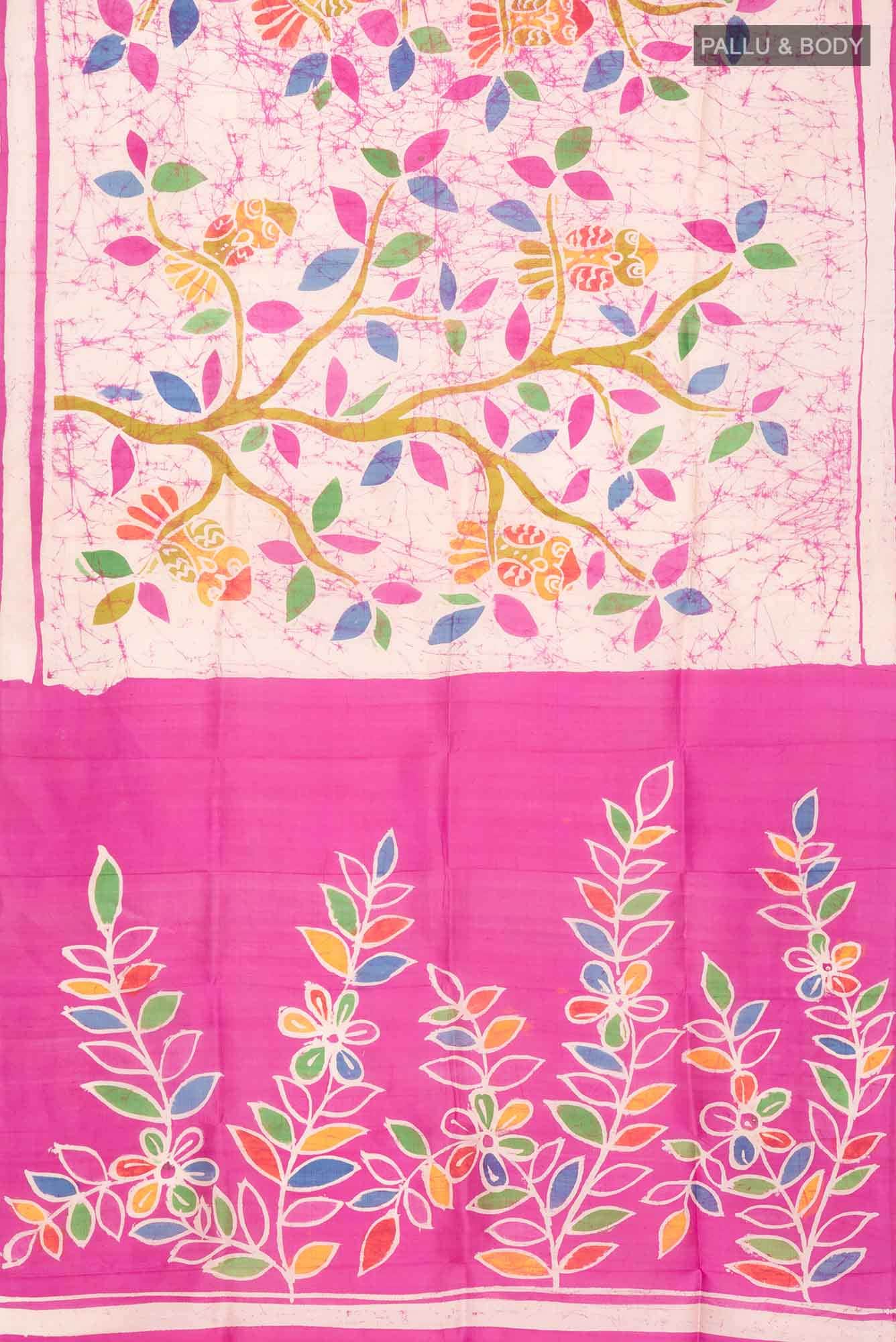 Cream Printed Silk Saree