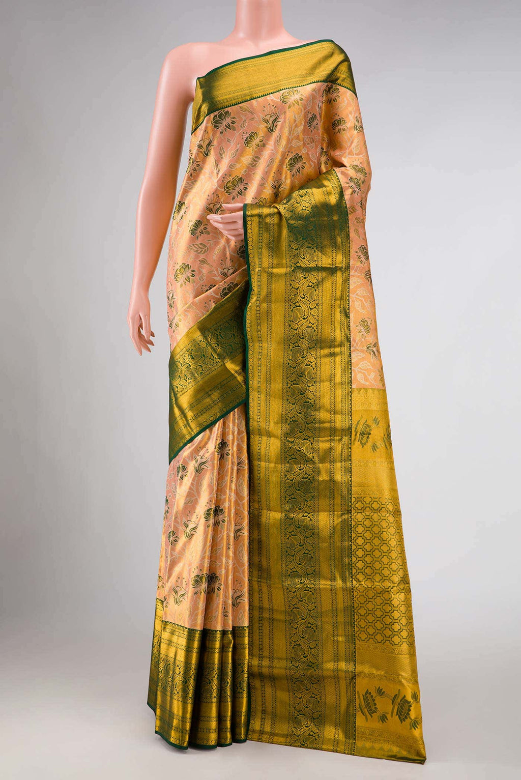 Golden Peach Dual Tone Kanchipuram Tissue Silk Saree
