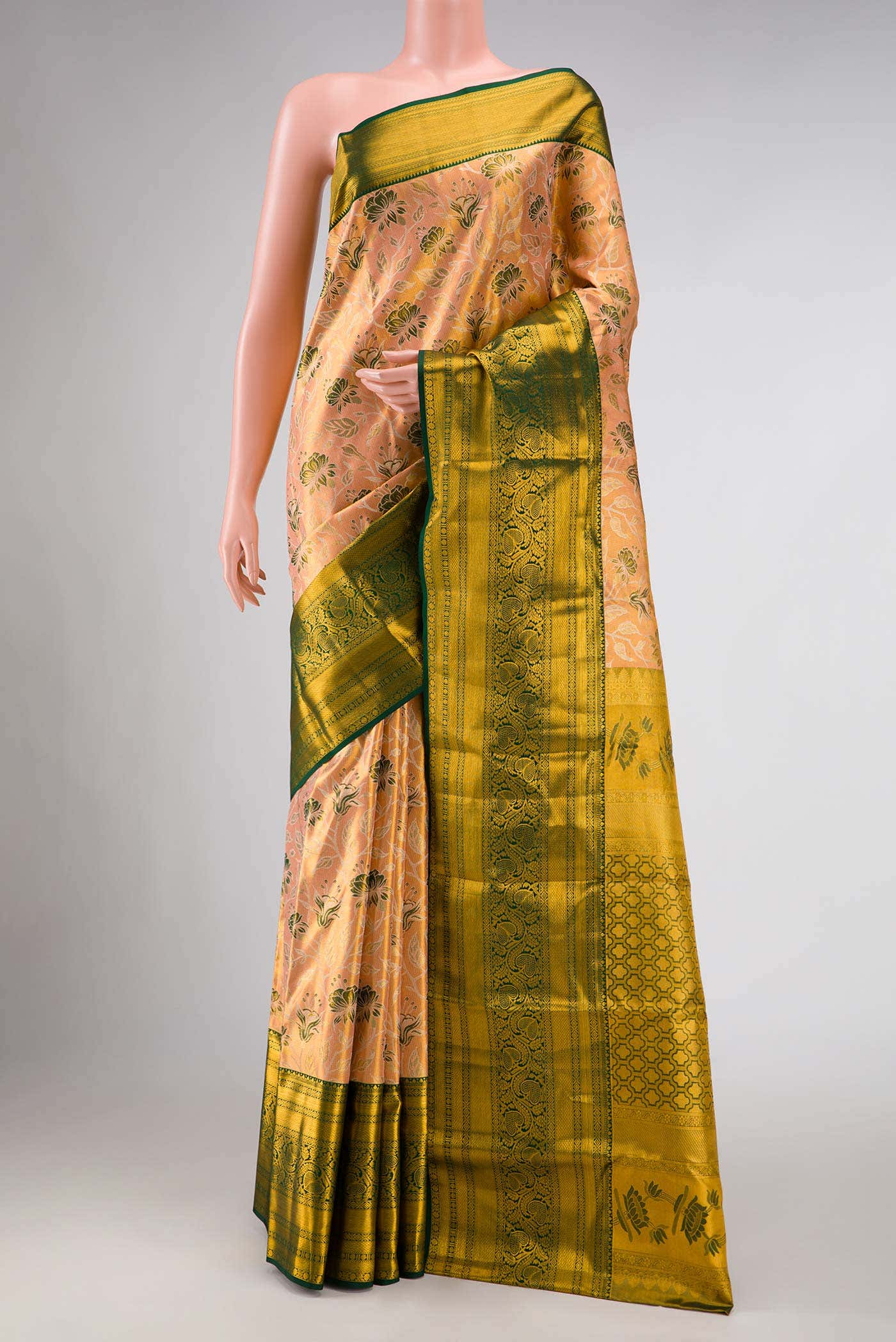 Golden Peach Dual Tone Kanchipuram Tissue Silk Saree