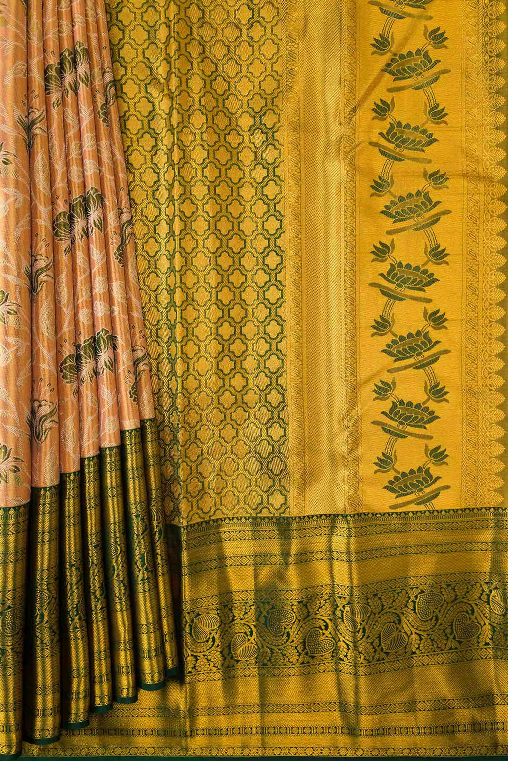 Golden Peach Dual Tone Kanchipuram Tissue Silk Saree