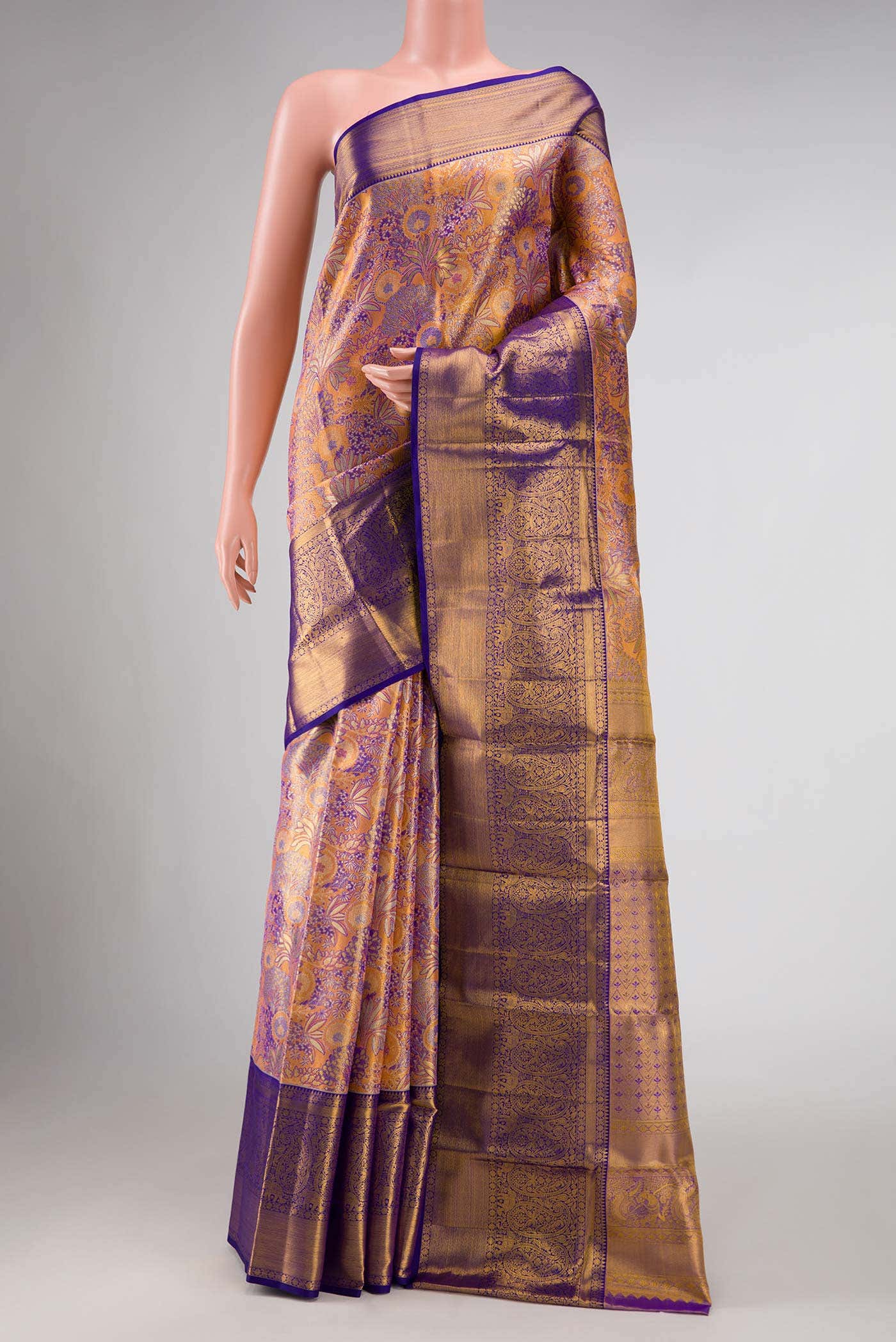 Golden Peach Dual Tone Kanchipuram Tissue Silk Saree