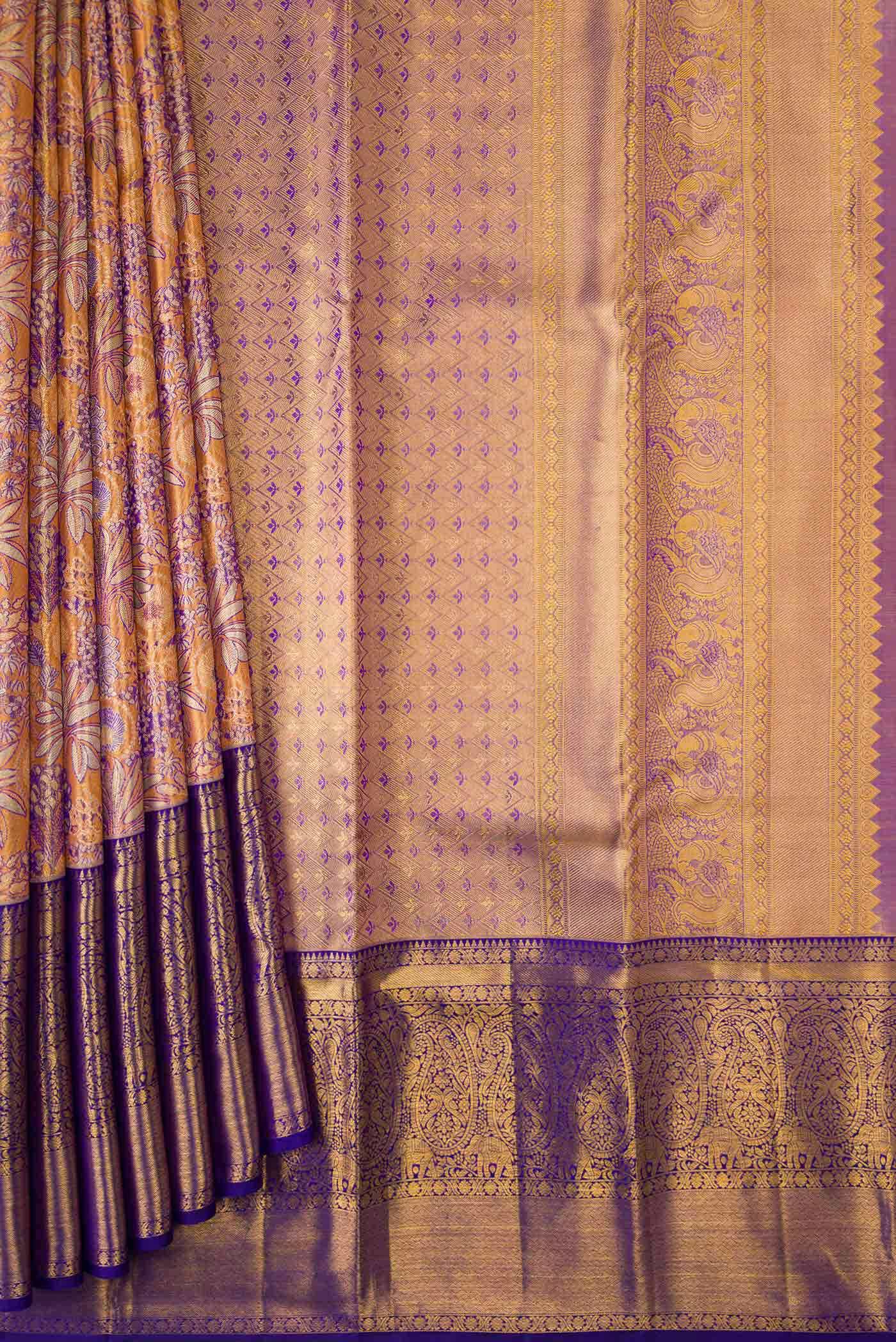 Golden Peach Dual Tone Kanchipuram Tissue Silk Saree