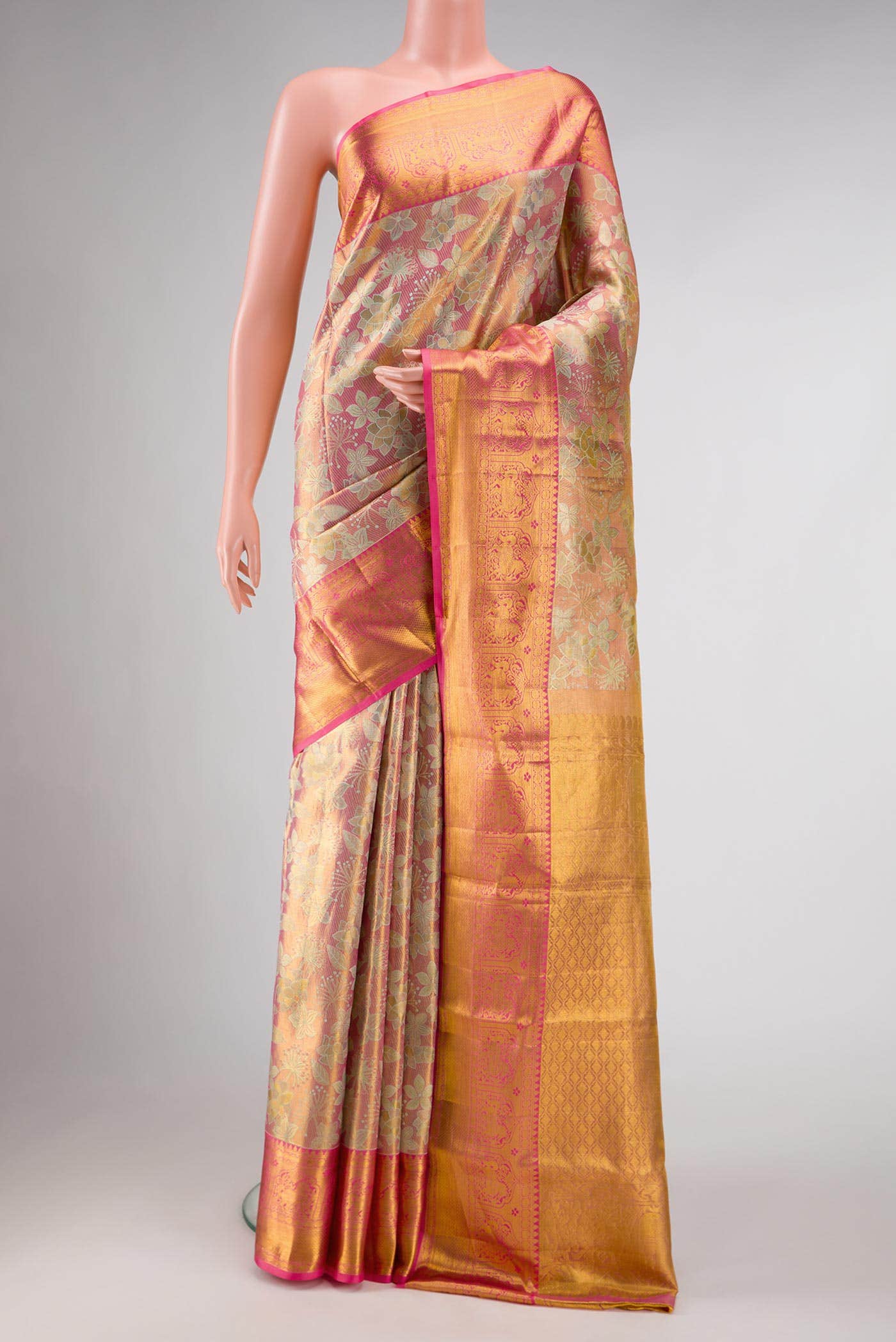 Golden Peach Dual Tone Kanchipuram Tissue Silk Saree