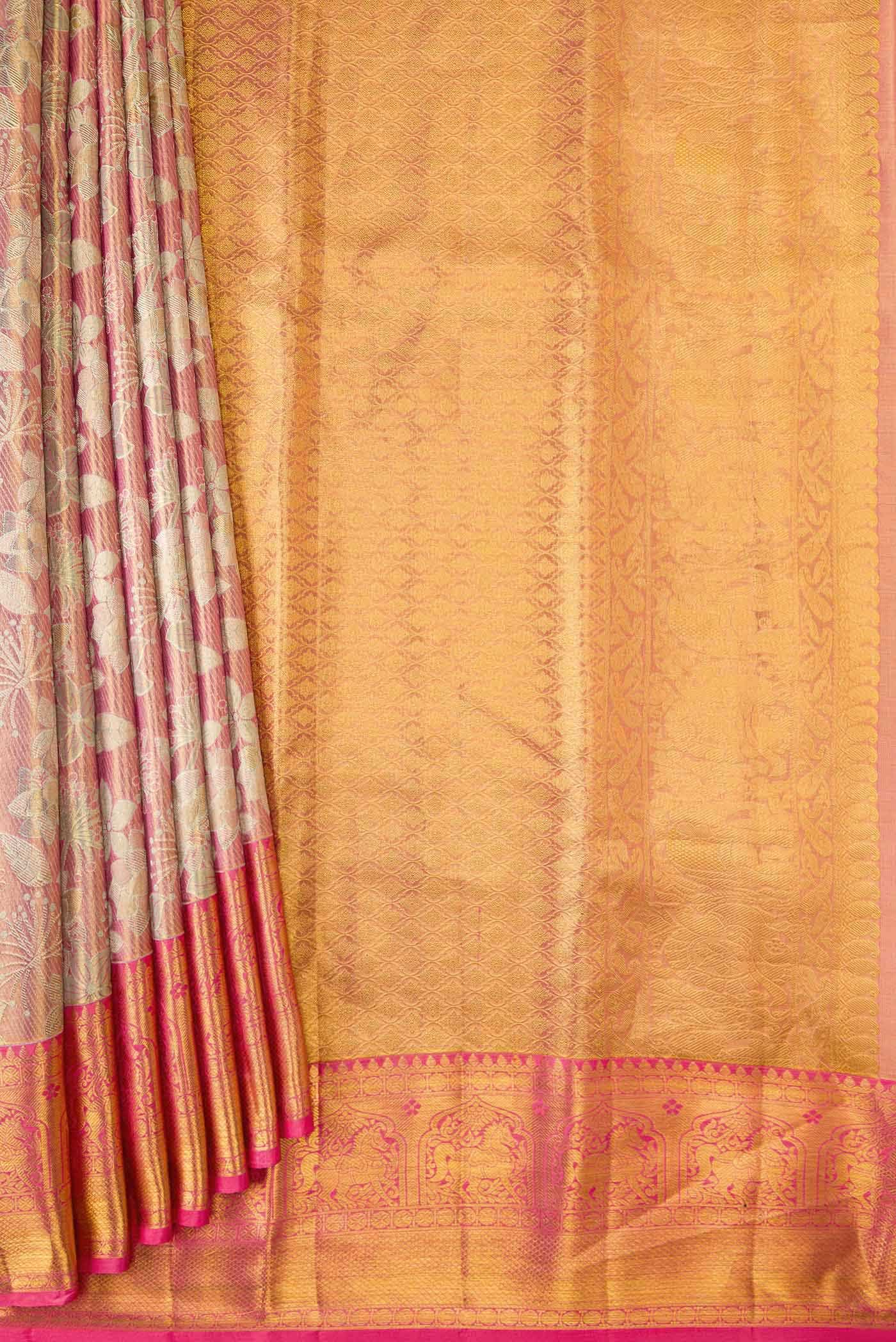 Golden Peach Dual Tone Kanchipuram Tissue Silk Saree