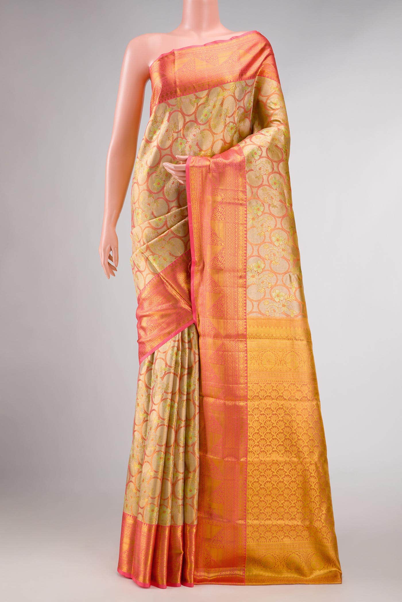 Peach Dual Tone Kanchipuram Tissue Silk Saree