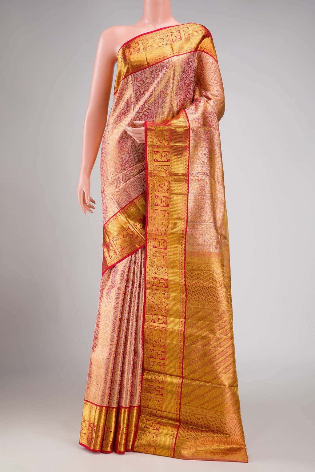 Golden Peach Dual Tone Kanchipuram Tissue Silk Saree