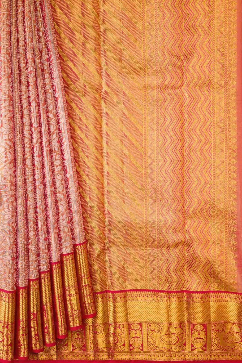 Golden Peach Dual Tone Kanchipuram Tissue Silk Saree