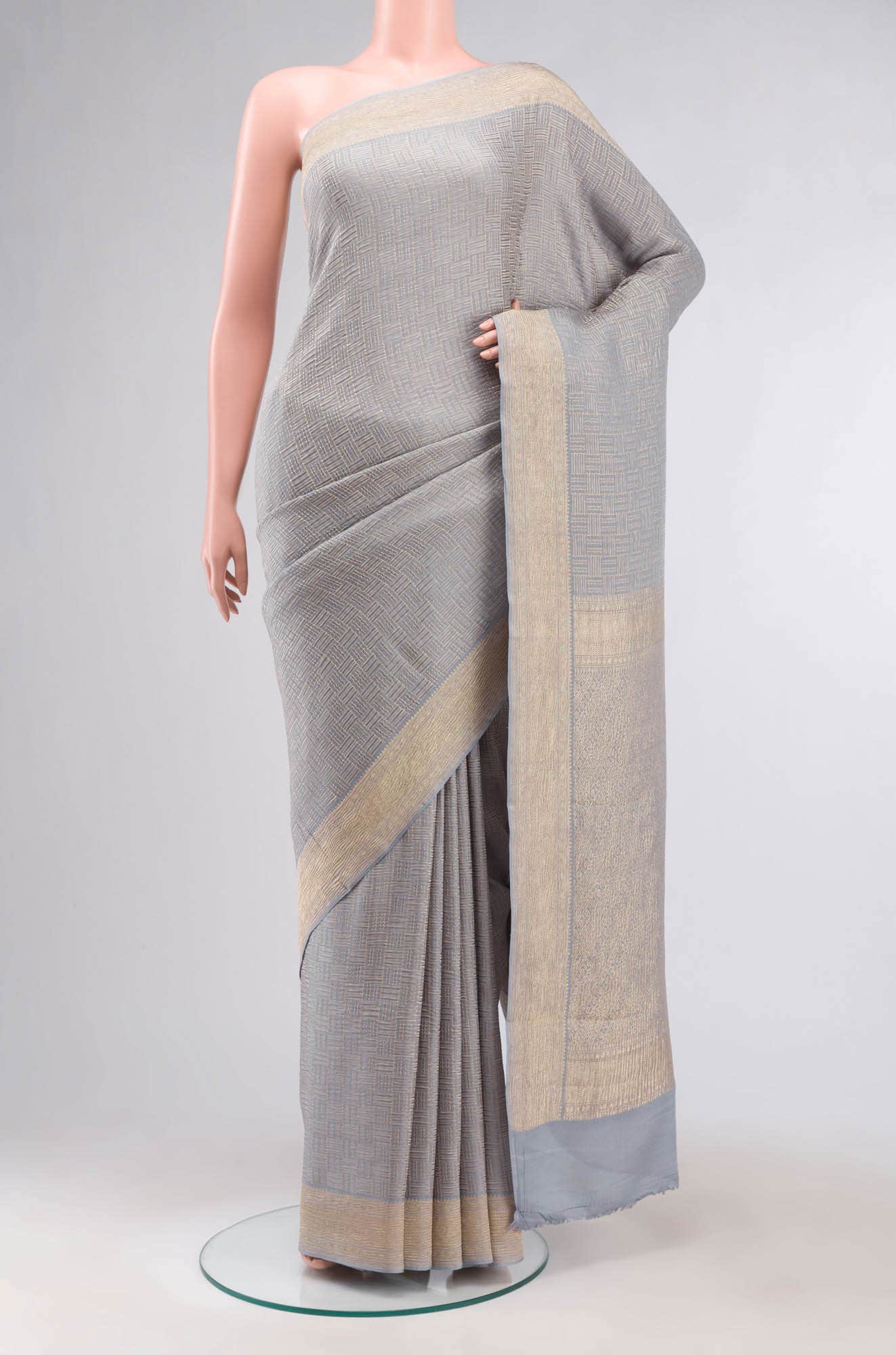 Blue Grey Mysore Crepe Saree