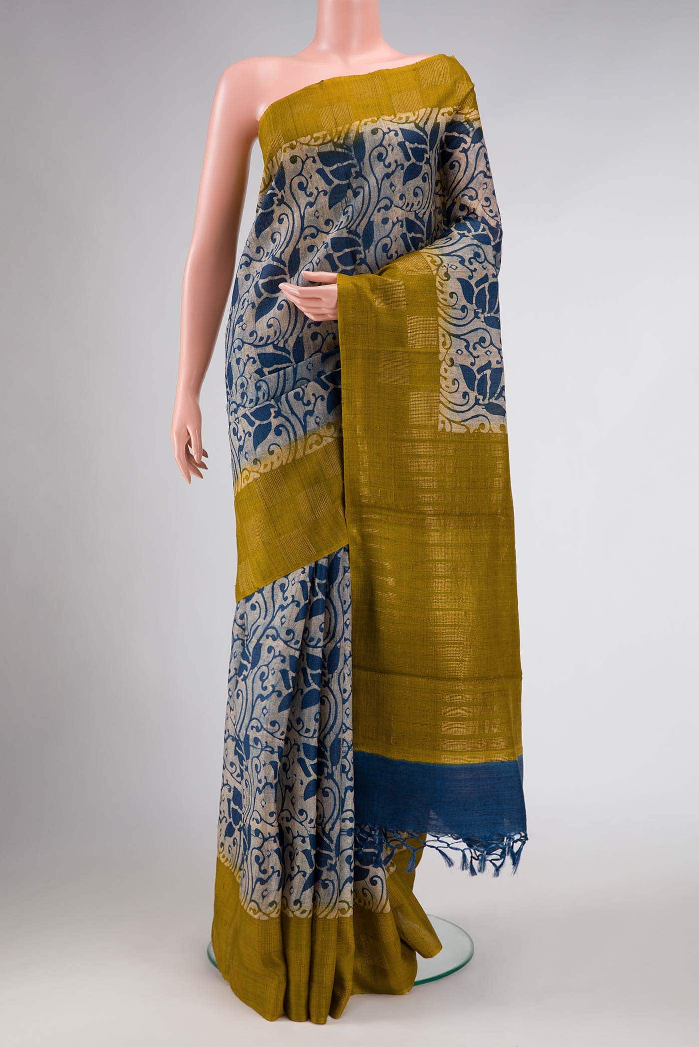 Navy Blue Tussar Silk Saree