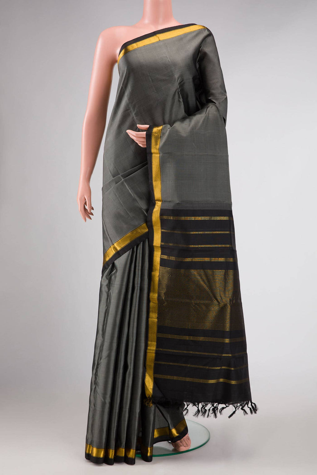 Pure Silk Pure Zari Grey Dual Tone Kanchipuram Saree