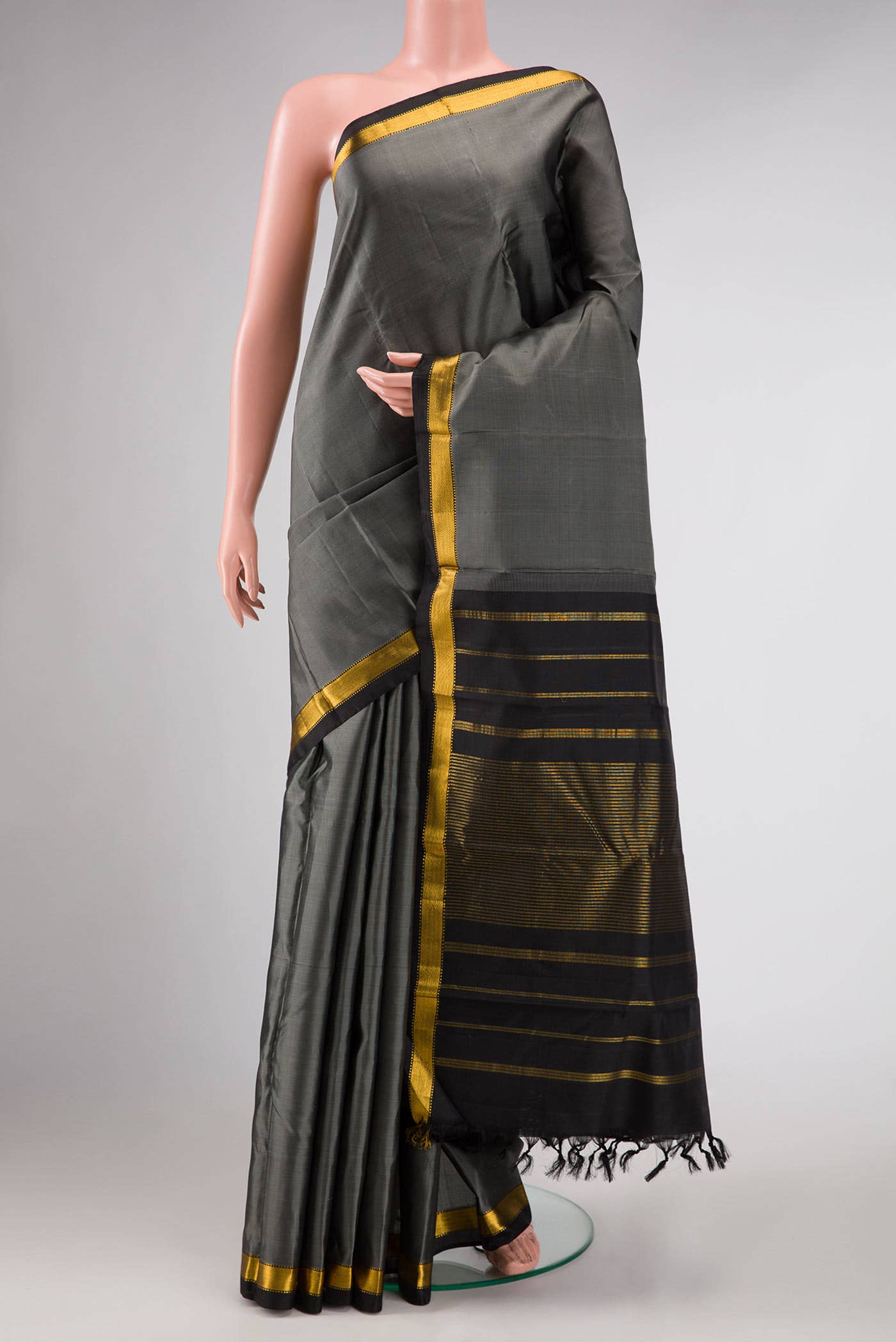 Pure Silk Pure Zari Grey Dual Tone Kanchipuram Saree