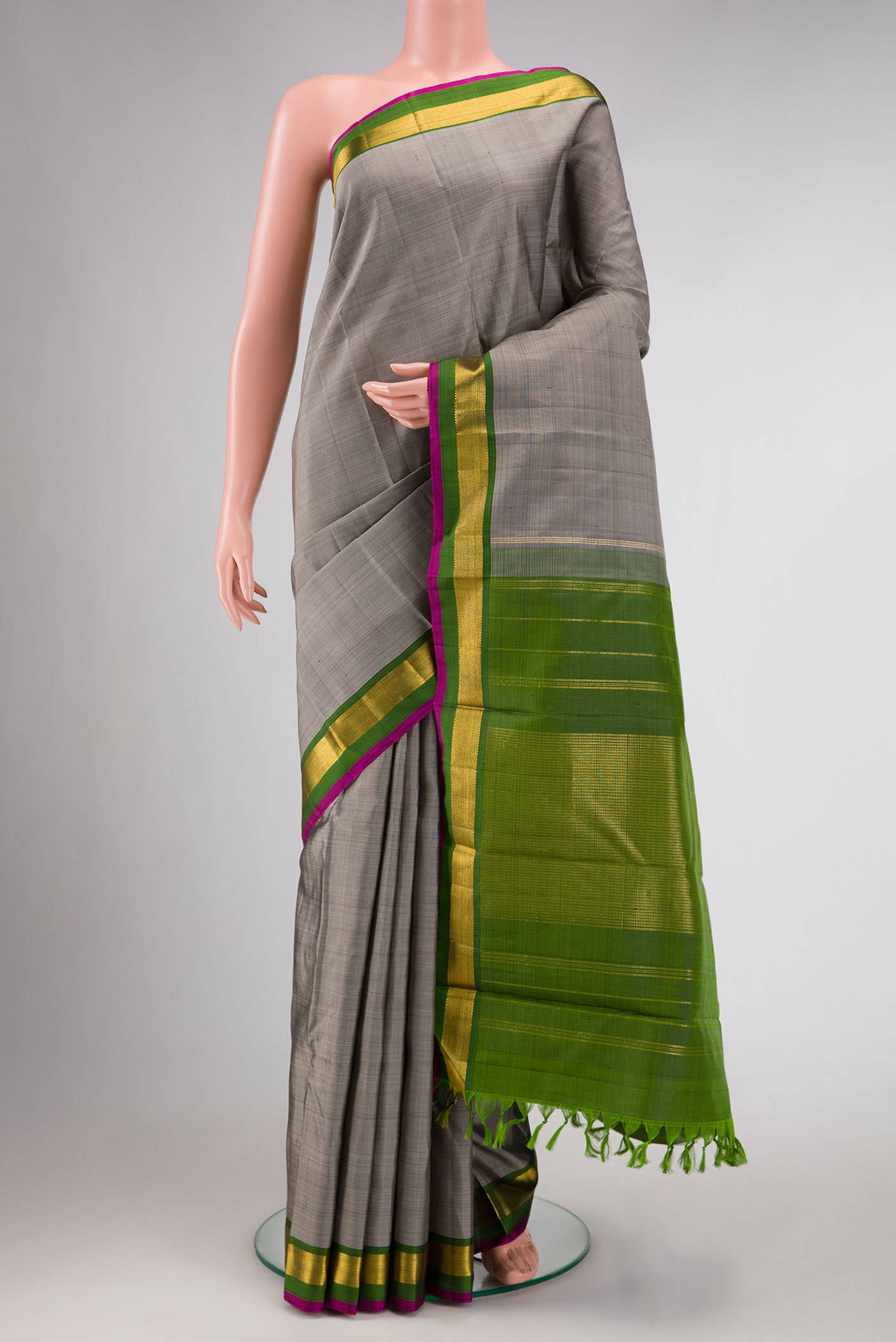 Pure Silk Pure Zari Grey Dual Tone Kanchipuram Saree