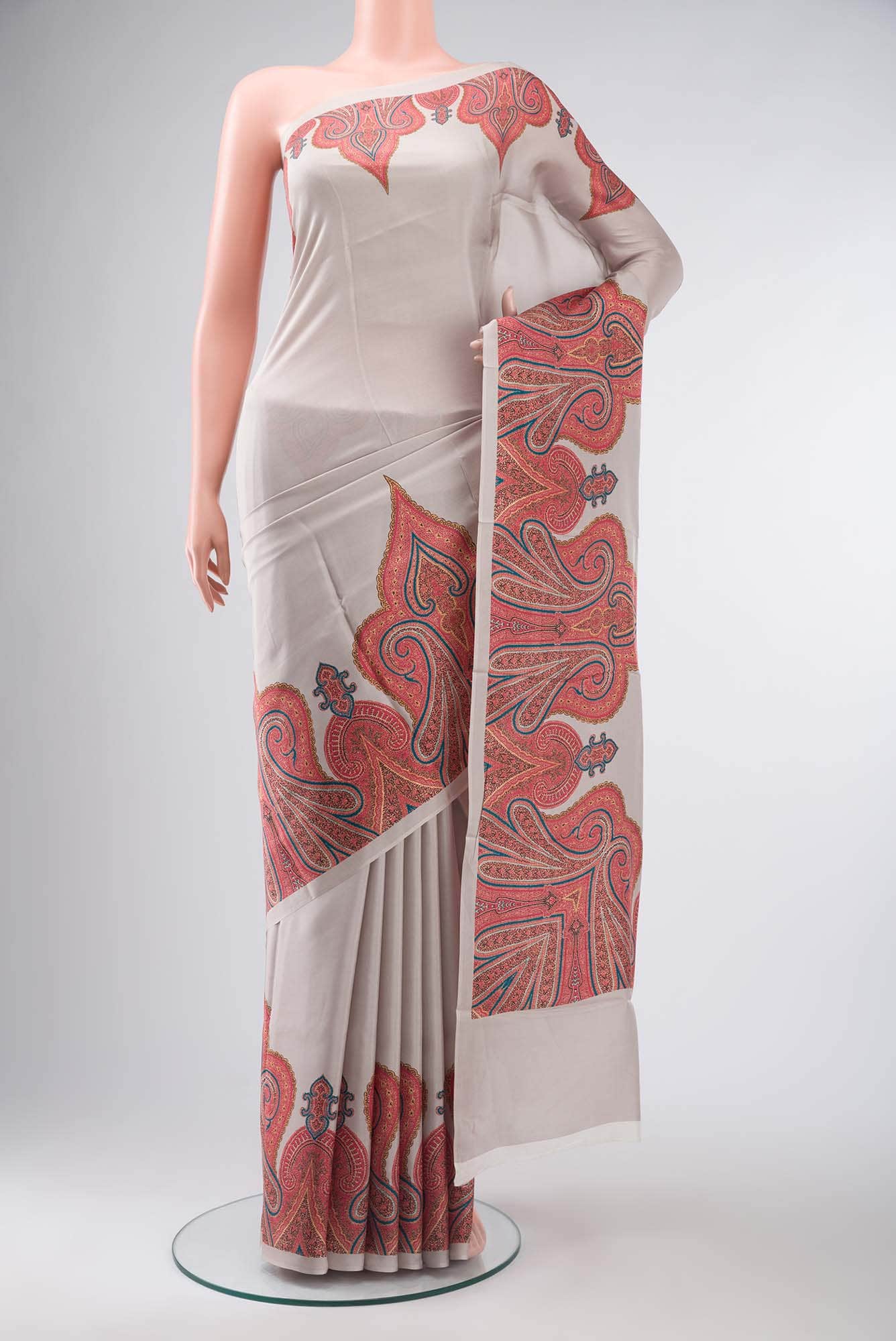 Grey Printed Silk Saree