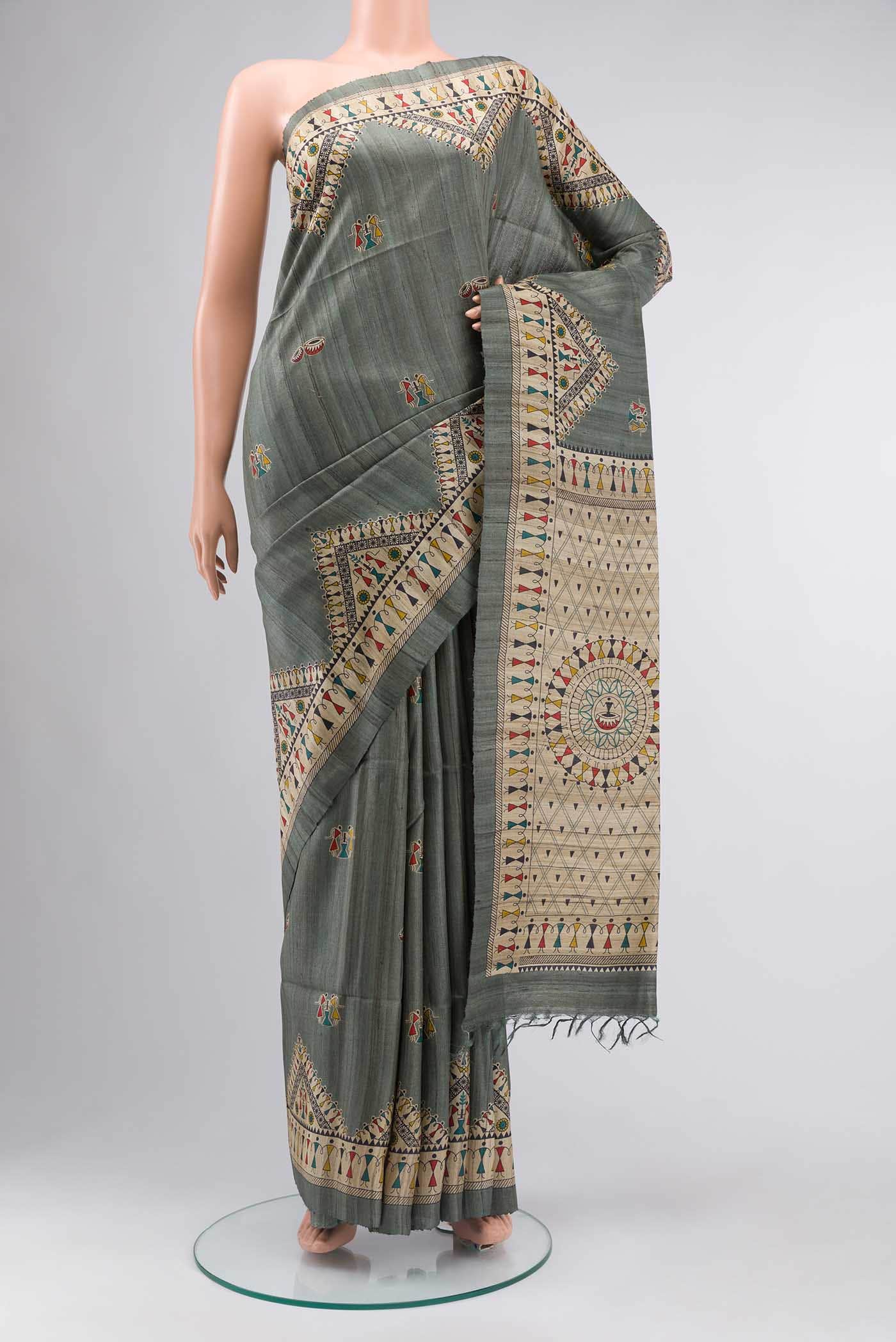 Grey Tussar Silk Saree